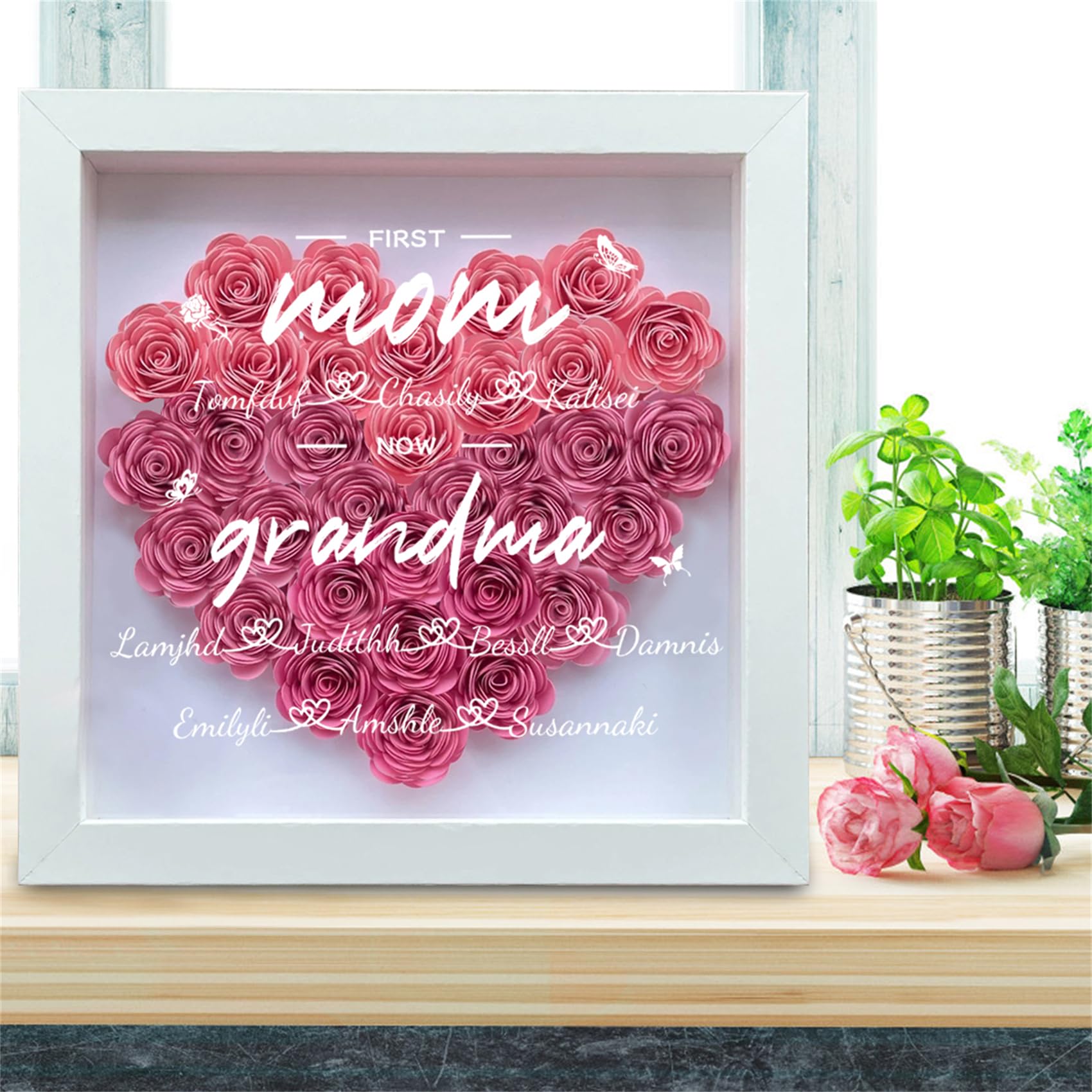 Custom Personalized First Mom Now Grandma Rose Flower Shadow Box with Name - Heart-Shaped Mother's Day Gift for Grandma, Nana & Mom - Perfect for Wall Decor, Nursery, Living Room & Special Occasions
