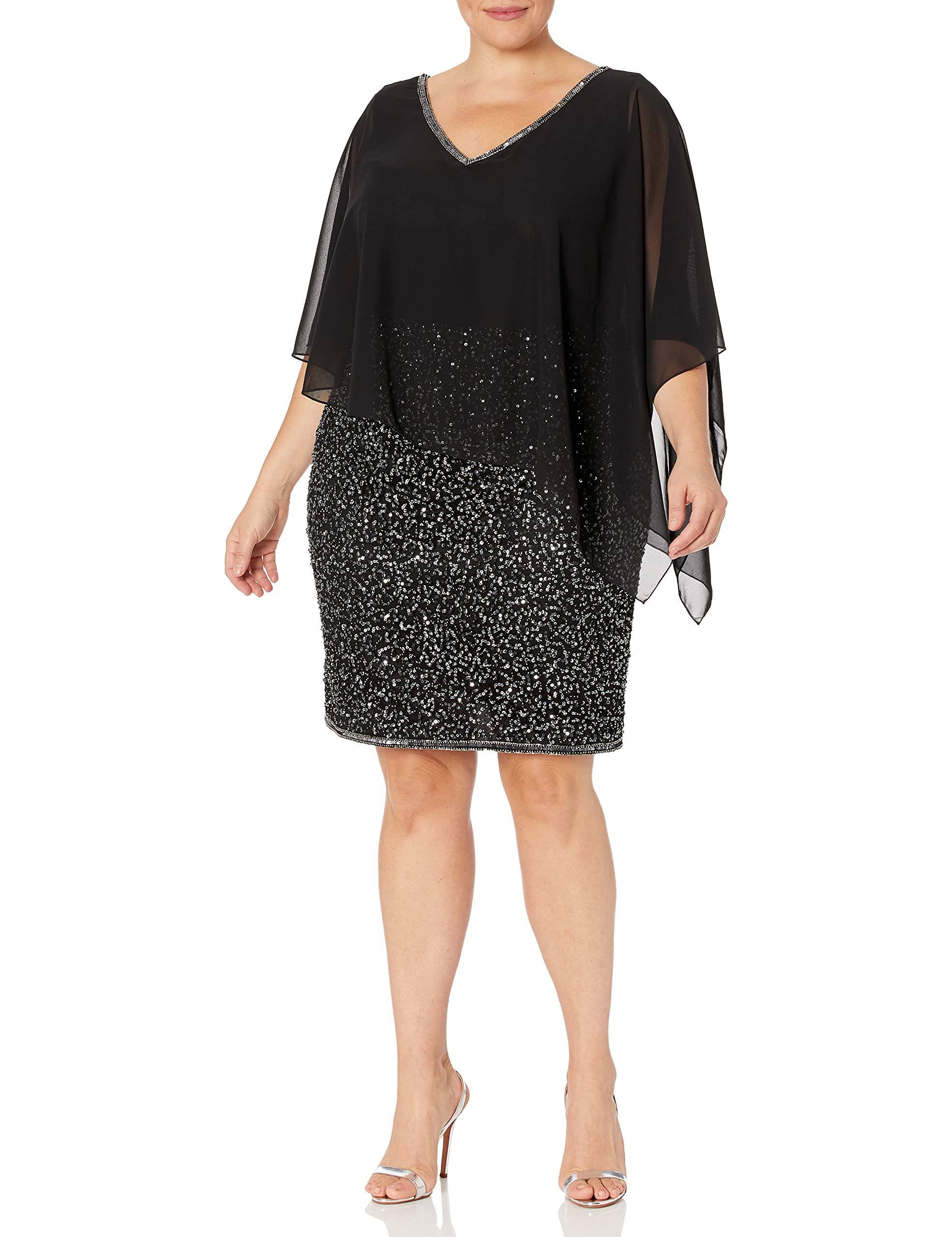 J Kara Women's Plus Size Beaded Caplet Short Cocktail Party Dress for Evening Events, Weddings & Special Occasions