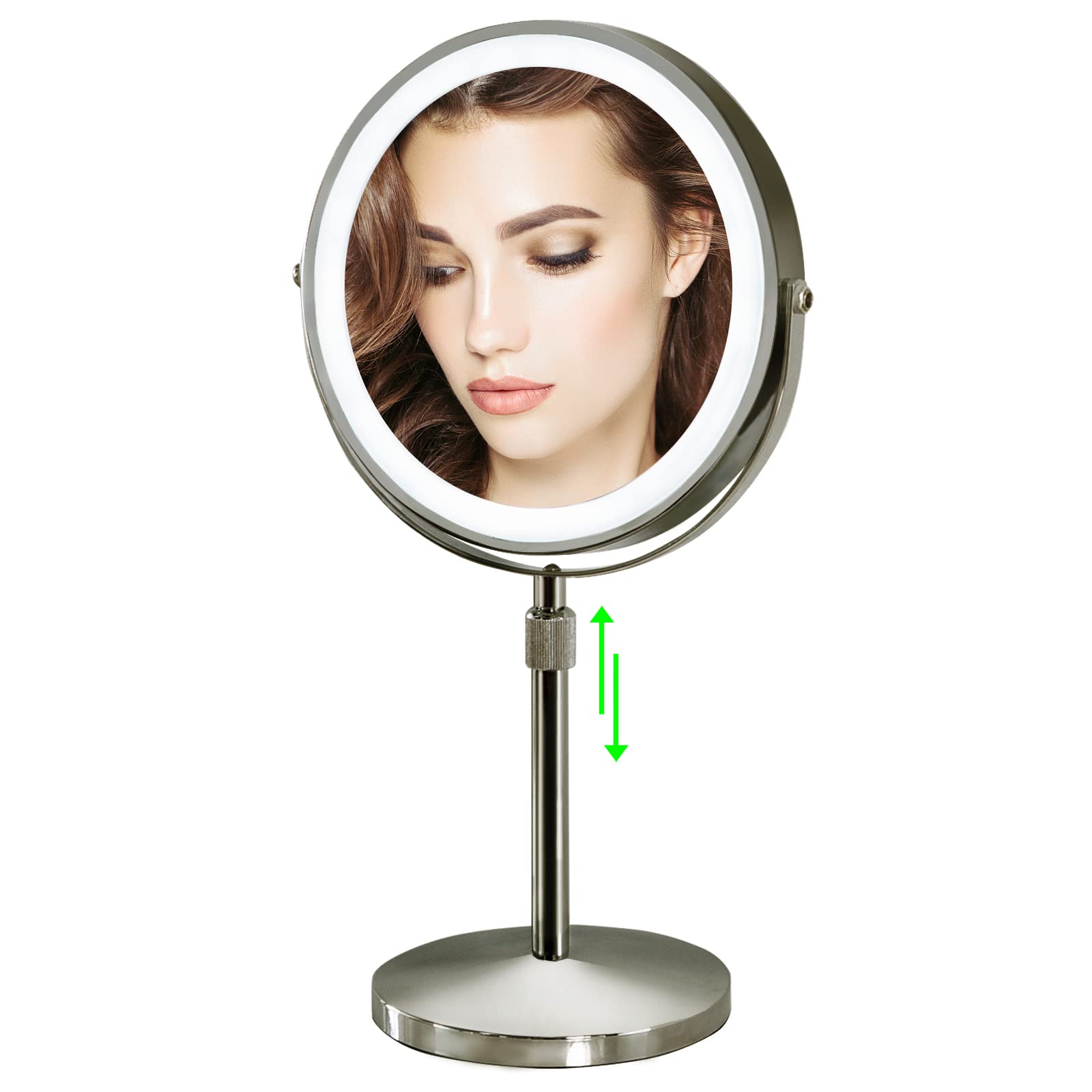 Furgatti 8 Inch Lighted Makeup Mirror with 3 Color Modes & Touch Control - 1x/10x Magnification, Adjustable Height, 4000mAh Battery - Perfect for Vanity, Dressing Room & Travel - Women's Gift (Nickel Finish)