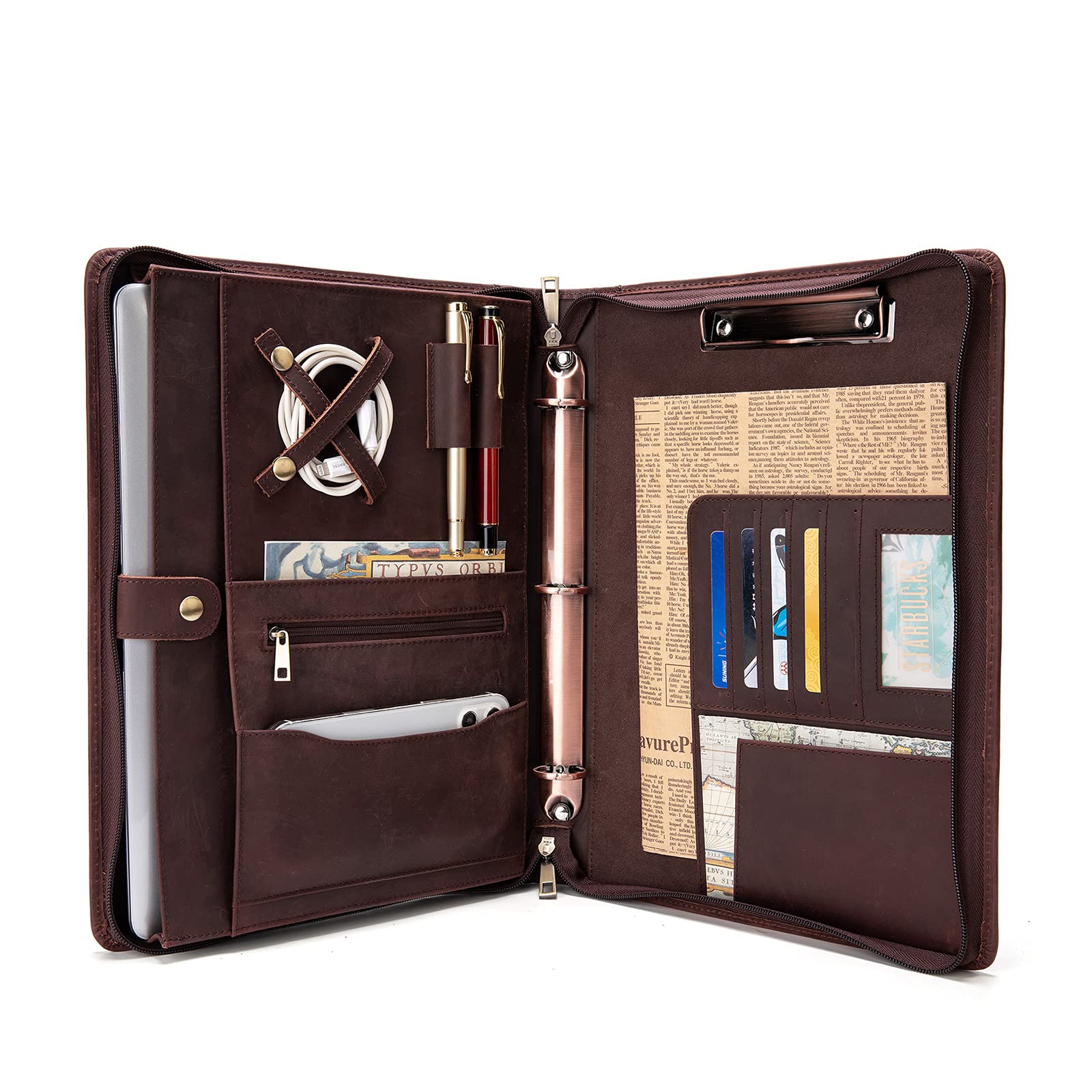 Premium Handmade Genuine Leather Portfolio - Zippered 3-Ring Binder Organizer with Tablet Holder | Professional Business Document Organizer for Men & Women | Perfect for Office, Business Travel, Interviews & Resume Presentations