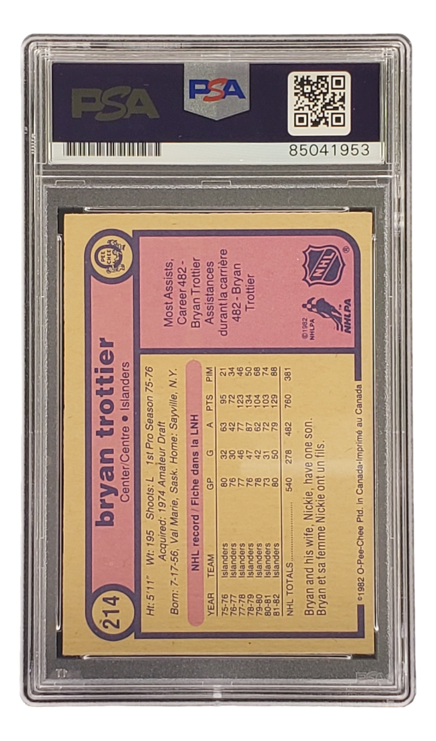 Bryan Trottier Autographed 1982 O-Pee-Chee #214 NY Islanders Hockey Card - PSA/DNA Certified - Perfect for NHL Memorabilia Collectors & Hockey Fans Display