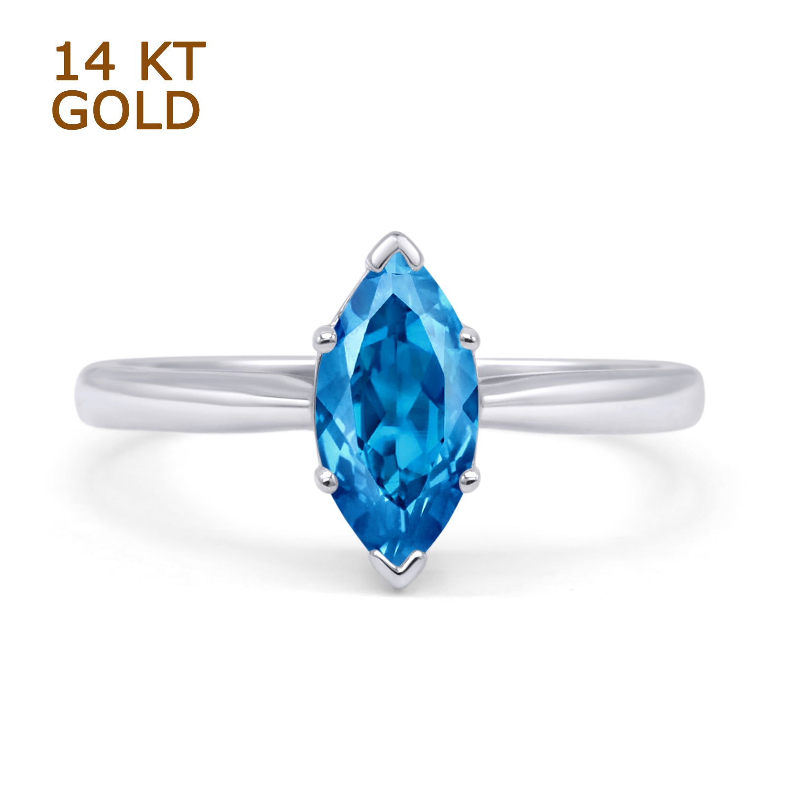 14K White Gold Art Deco Marquise Solitaire Blue Topaz CZ Ring for Women - Elegant Vintage Engagement & Wedding Jewelry Gift for Her
