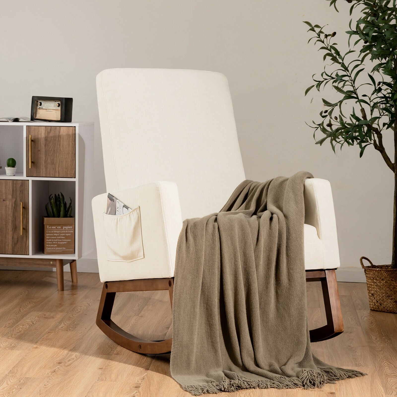Comfortable High Back Upholstered Rocking Lounge Chair with Side Pocket - Beige Fabric Armchair for Living Room, Nursery, or Office Relaxation