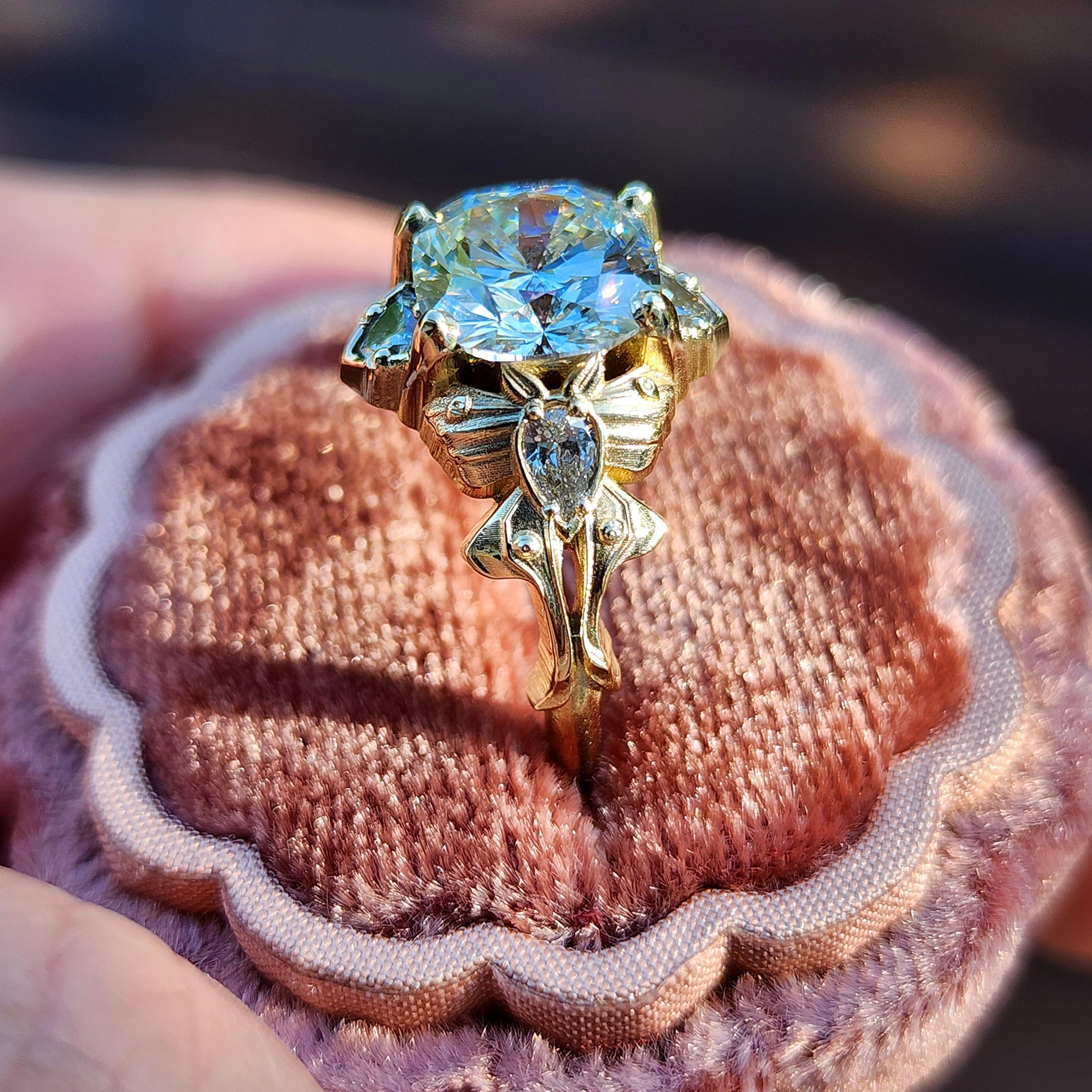 Luna Moth Engagement Ring with Diamond Side Stones - Vintage Inspired Butterfly Wedding Ring for Women - Perfect for Proposals, Anniversaries & Romantic Occasions