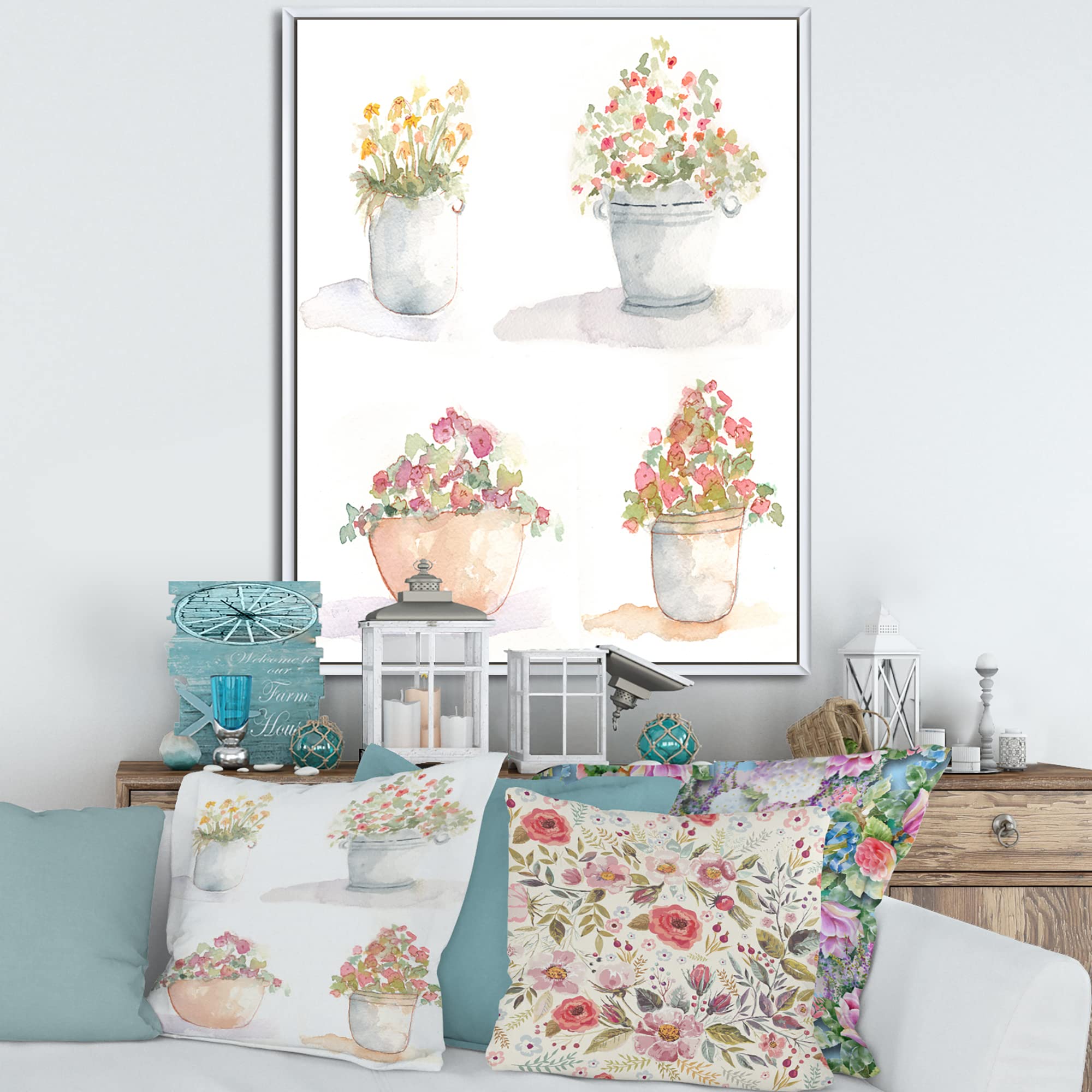 DesignQ Set of 4 Outdoor Flower Pots - Traditional Framed Canvas Wall Art Prints for Garden, Patio & Home Decor