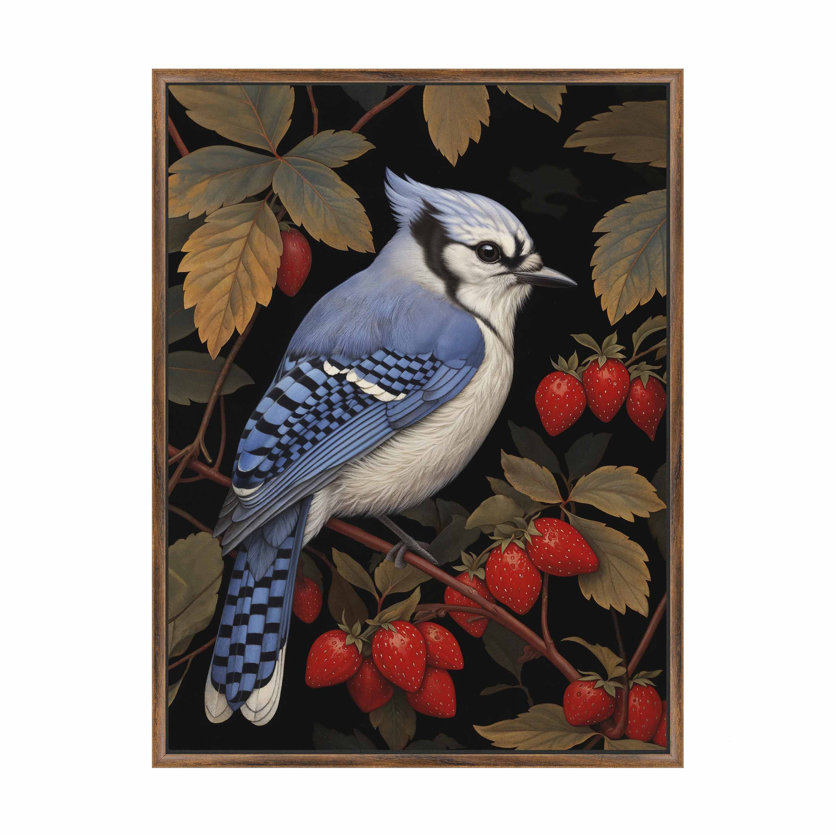 Berry Bliss Blue Jay in Strawberry Patch - Premium Gallery Wrapped Canvas Wall Art for Home & Office Decor | Perfect for Living Room, Bedroom, Kitchen