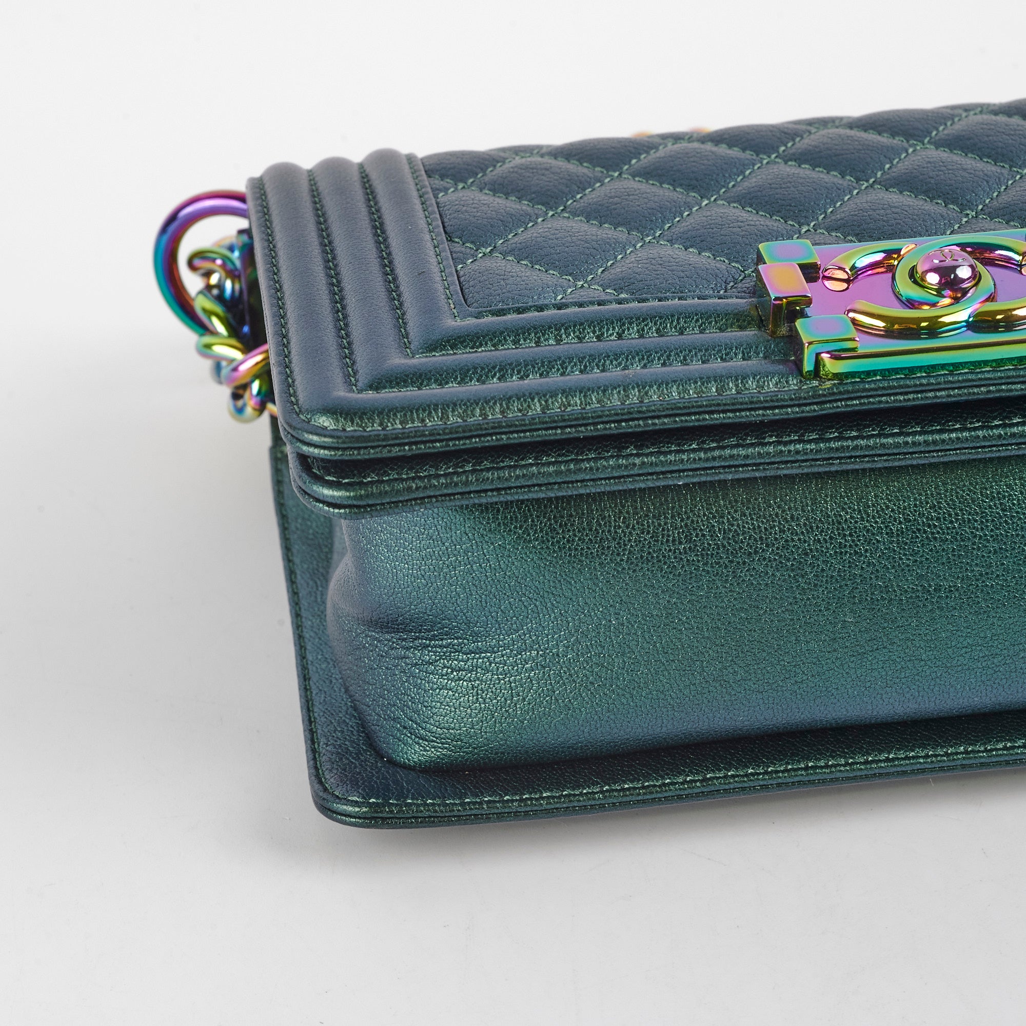 Chanel Small Iridescent Green Goatskin Boy Bag - Luxury Crossbody Purse for Women | Perfect for Evening Parties, Date Nights & Special Occasions