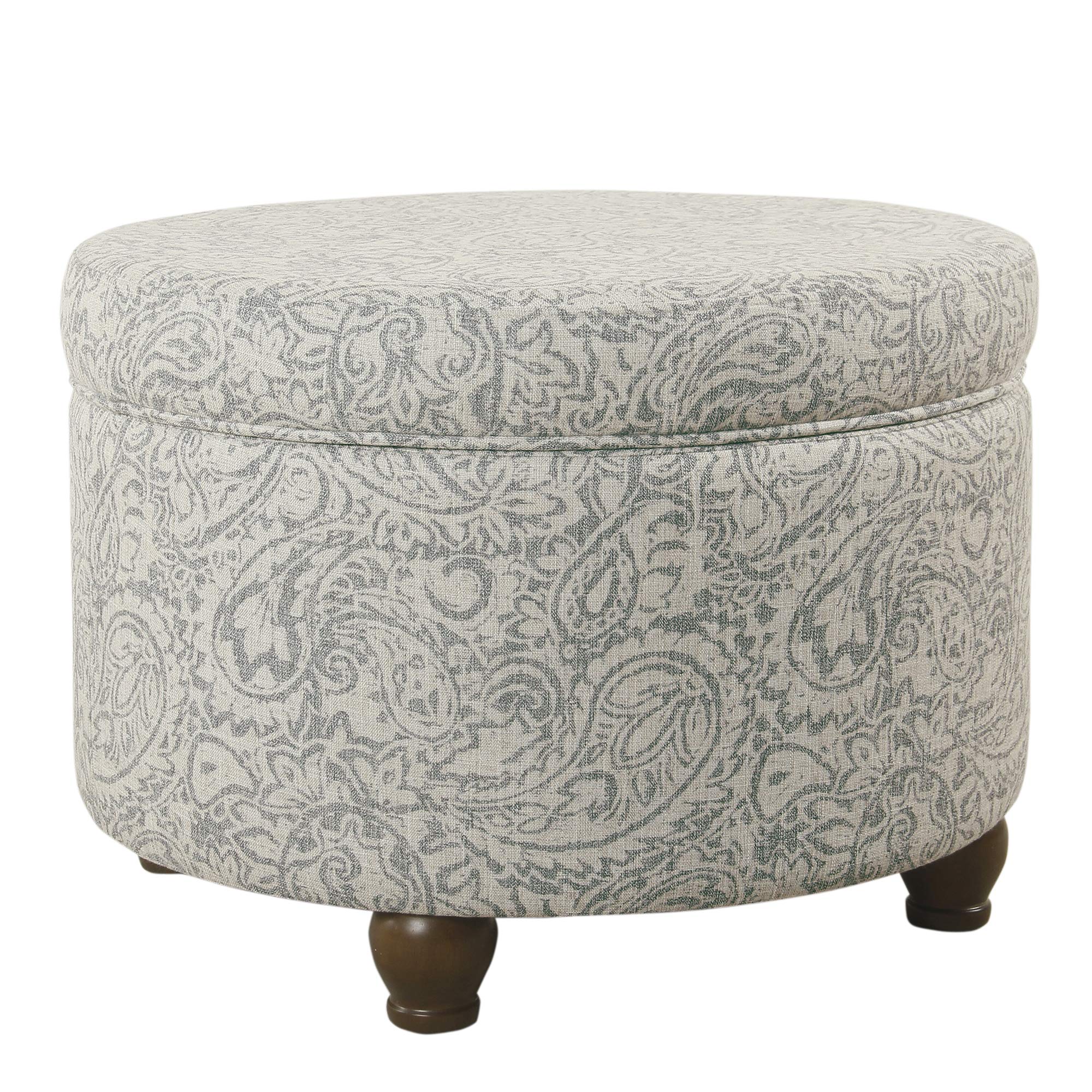 Homepop Round Upholstered Storage Ottoman - Gray Floral Fabric Footrest with Hidden Storage for Living Room & Bedroom | Perfect for Extra Seating & Home Organization