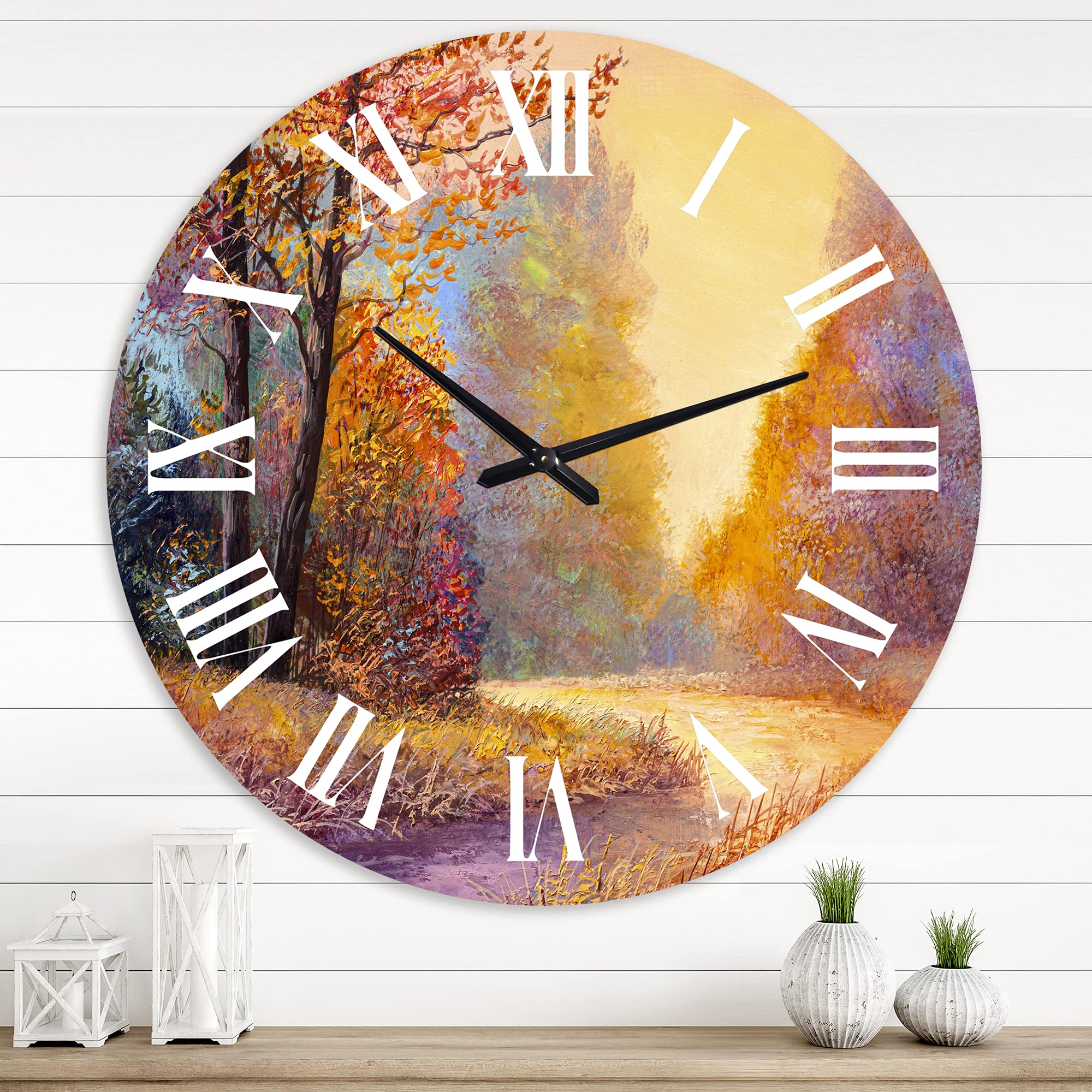 DesignQ Lake House Wall Clock - Autumn Forest Landscape with Orange Leaves, Large Decorative Clock for Living Room, Bedroom, Office | Rustic Home Decor, Perfect for Farmhouse, Cabin & Lake House Style