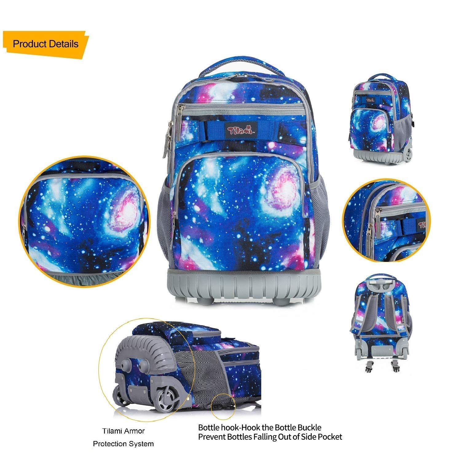 Tilami 19 Inch Rolling Backpack with Wheels - Waterproof Wheeled Laptop Backpack for School & Travel, Includes Lunch Bag - Perfect for Students, Business Professionals & Commuters (Galaxy Print)