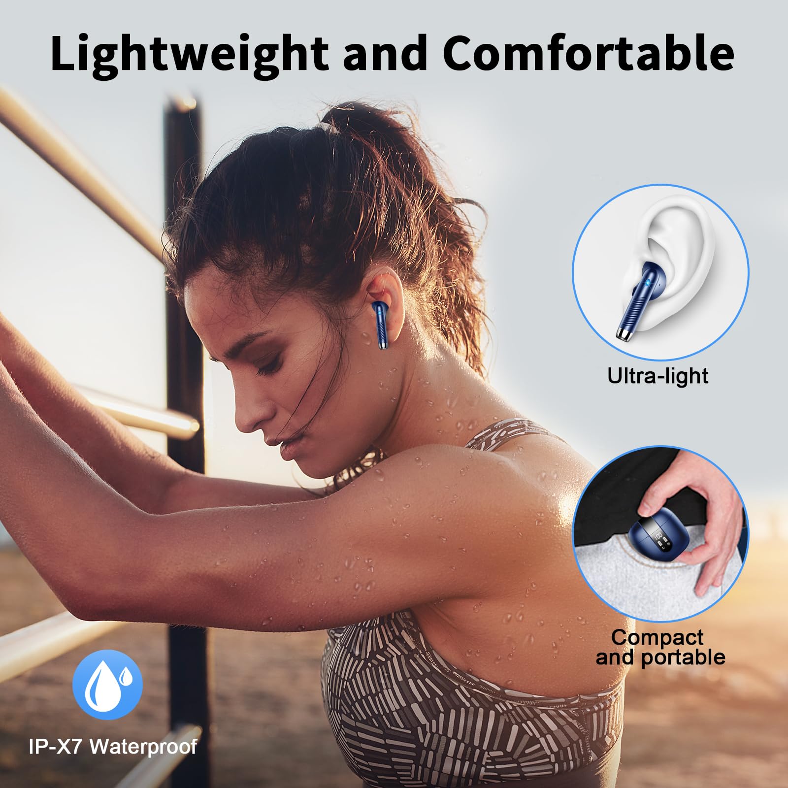 2024 Wireless Bluetooth 5.3 Earbuds with 4 ENC Noise Cancelling Mic, IP7 Waterproof Stereo Headphones, 48H Playtime USB-C Charging - Perfect for Gym Workouts, Running, Office Calls & Travel