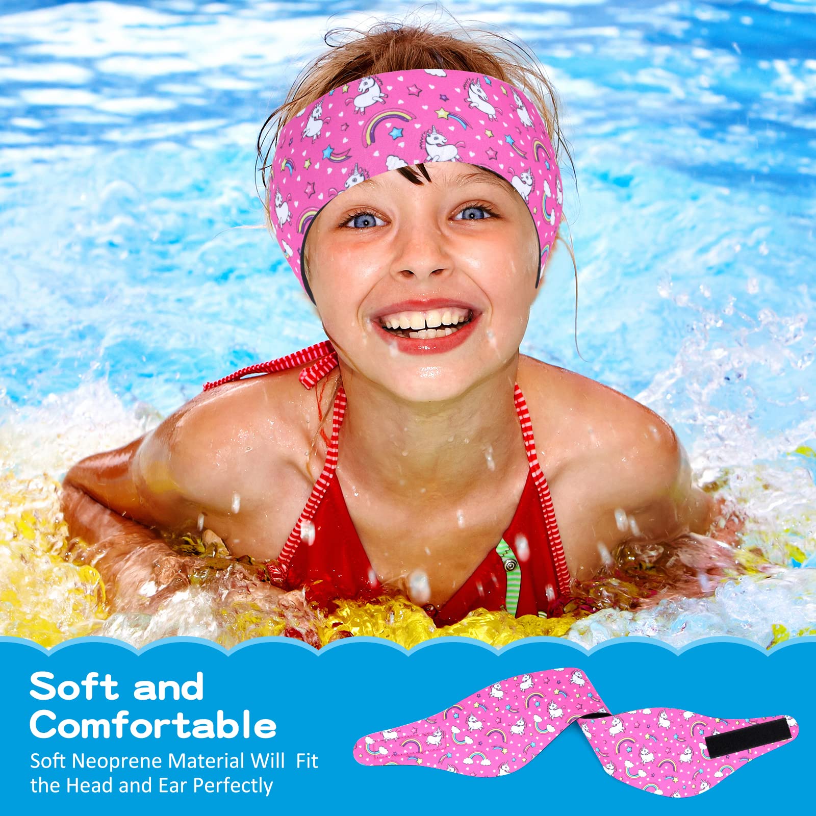 6 Pcs Kids Swimming Headbands - Adjustable Waterproof Ear Protection for Girls Age 1-5 (17.3-19.2 Inch Head Circumference) - Cute Cartoon Design for Pool, Beach & Swim Lessons