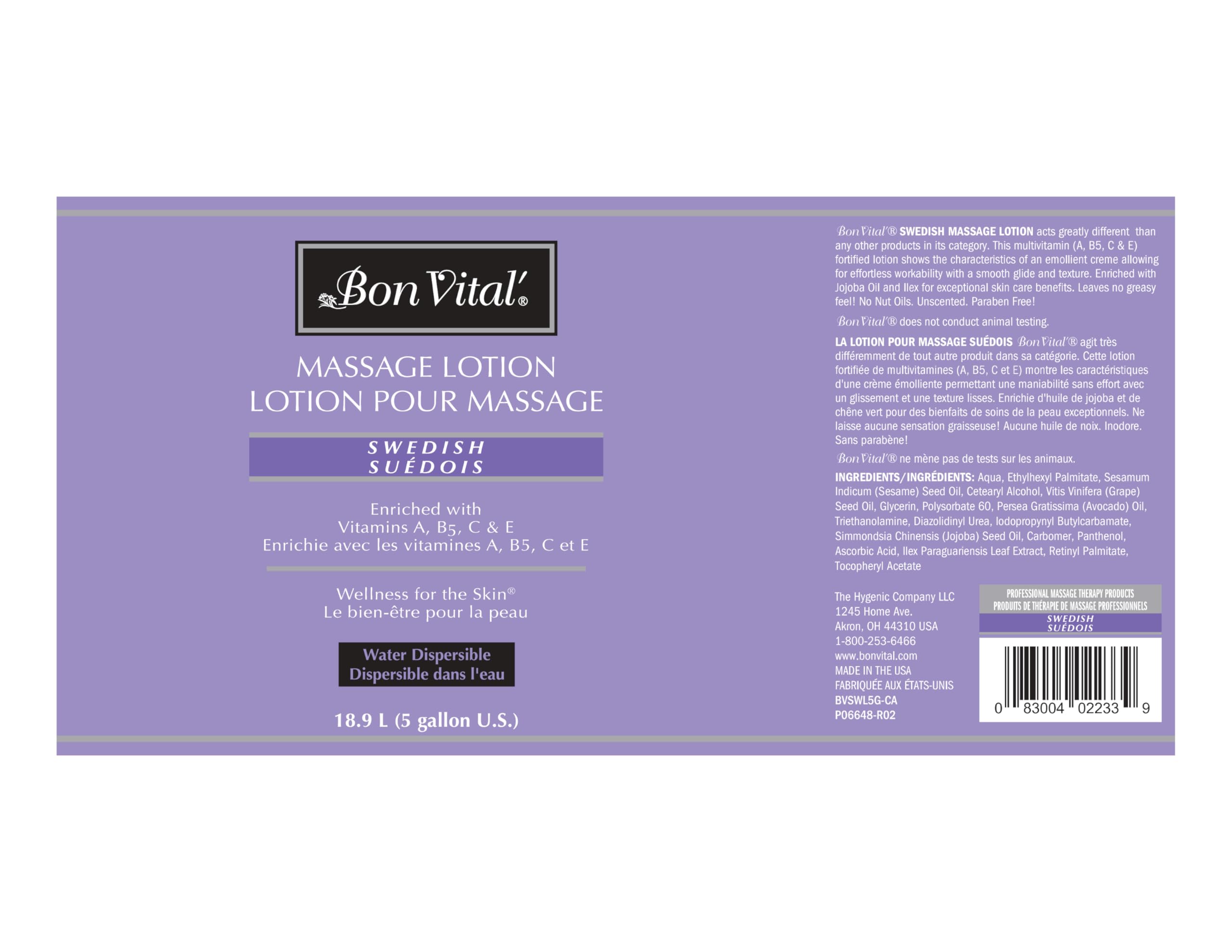 Bon Vital' Swedish Massage Lotion - Hydrating & Repairing for Dry Skin, Improves Circulation & Relieves Stress - Ideal for Swedish & Sports Massage Therapists (5 Gallon) | Perfect for Spa, Clinic & Home Massage Treatments