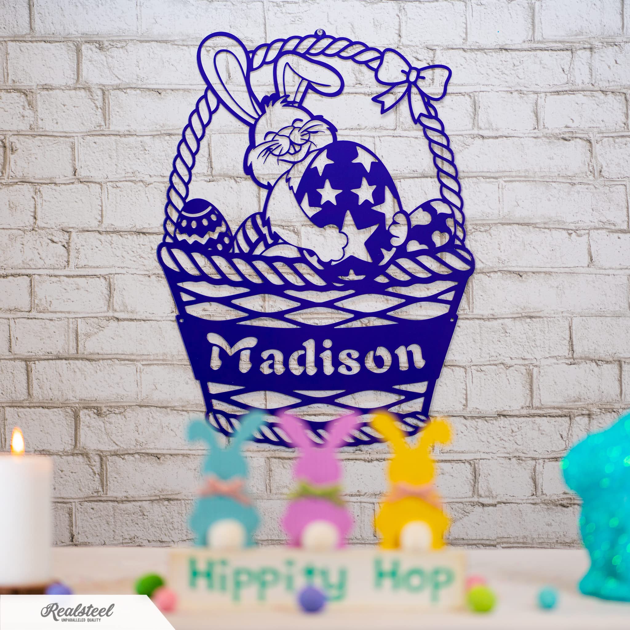 RealSteel Easter Bunny Monogram - Custom Spring Home Decor - Personalized Rabbit & Easter Egg Basket Wall Art - 36x27.5 Inch Purple Canvas for Bedroom, Nursery, Living Room - Perfect Easter Gift & Seasonal Home Decoration