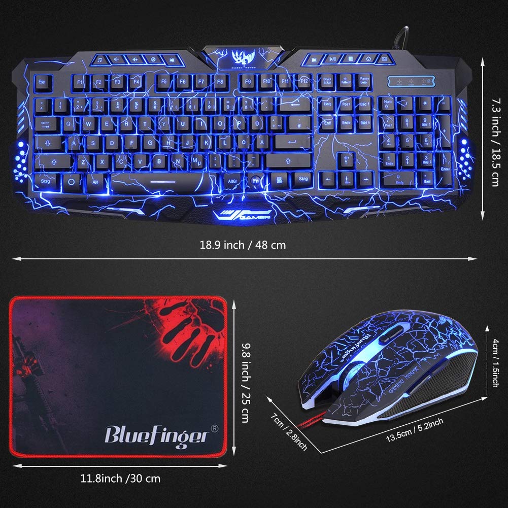BlueFinger Gaming Keyboard and Mouse Combo - USB Wired Backlit Keyboard with 3-Color LED Illumination & Glowing Letters, Ergonomic Mouse for PC Gamers - Perfect for FPS, MOBA Games and Office Work