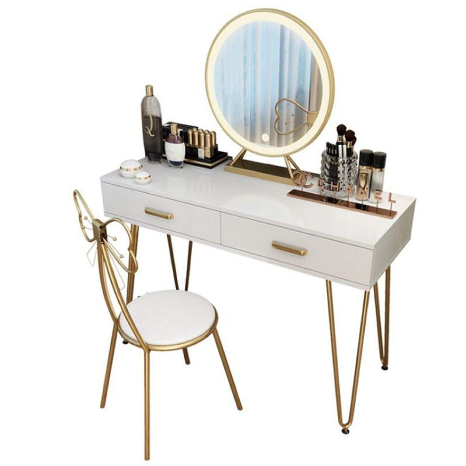LIUXR White Vanity Table with LED Lighted Mirror, Makeup Dressing Desk with 2 Drawers & Cushioned Stool - 80cm Elegant Bedroom Vanity Set for Women | Perfect for Makeup Application, Skincare Routine & Home Decor