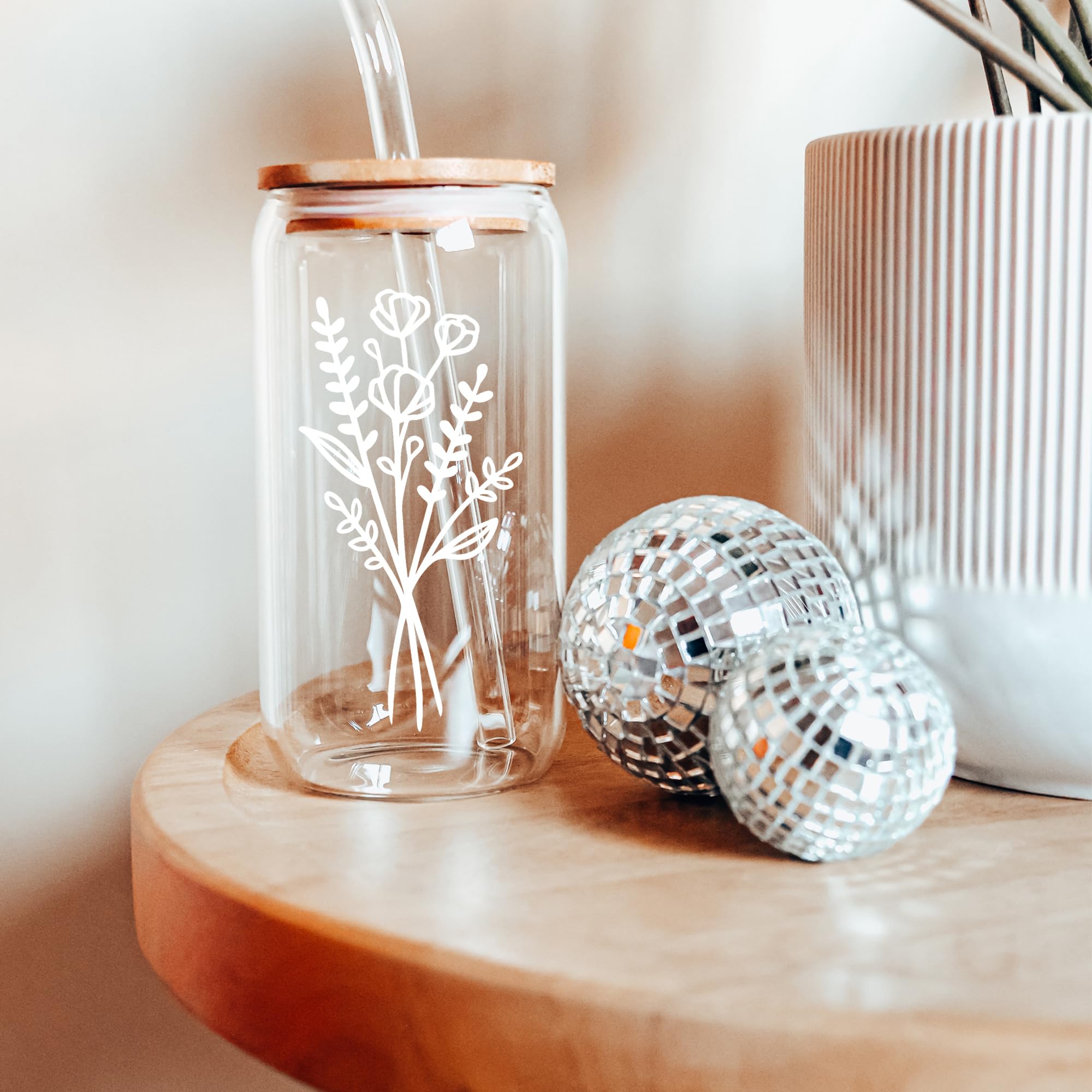 Stylish Glass Tumbler with Lid and Straw - Aesthetic Iced Coffee Cup, Floral Design Personalized Mug - Perfect Birthday Gift for Women, Friends, Sisters & Coffee Lovers (Great for Bridesmaid Gifts, Christmas Presents & Daily Coffee/Tea Drinking)