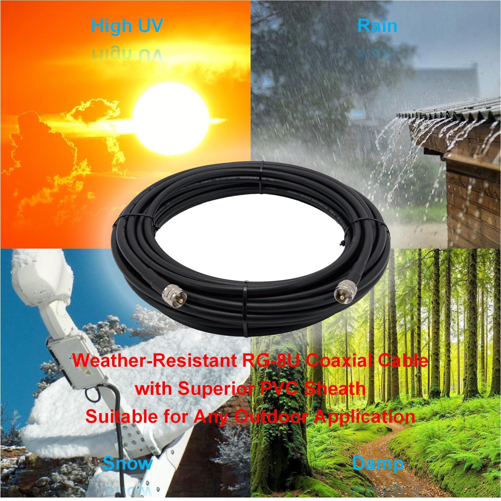50ft RG-8U Low Loss Coaxial Cable 50 Ohm - PL259 Male to PL259 Male Connector for FM Transmitter, CB Radio, HAM Radio, VHF, VSWR Meter & Antenna - Perfect for Long-Distance Signal Transmission & Outdoor Communication Systems