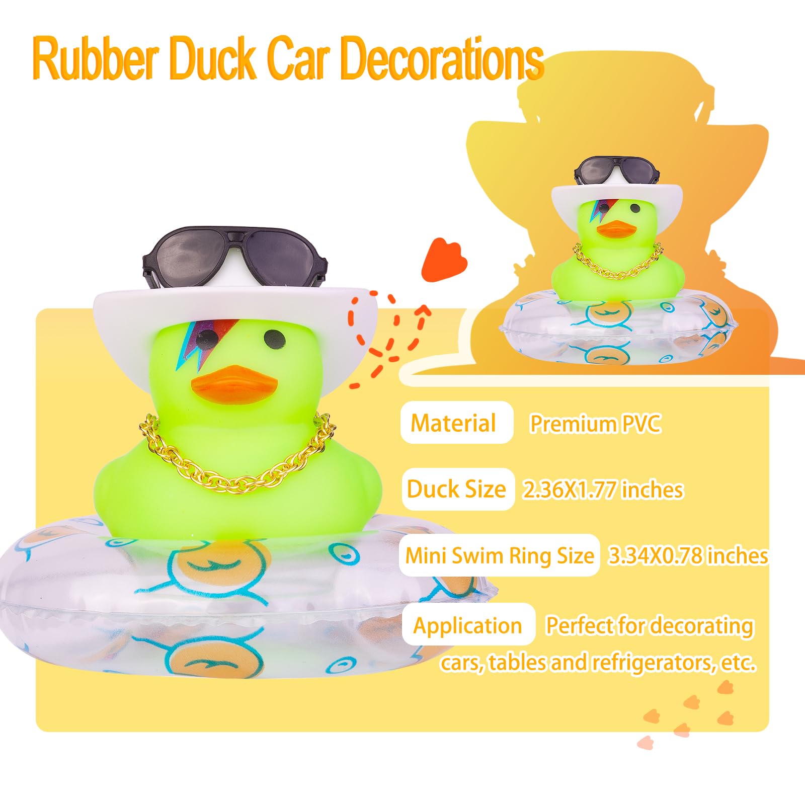 Vibrant Rubber Duck Car Dashboard Decorations - Expressive Mini Hat, Swim Ring, Necklace & Sunglasses - Fun Dashboard & Home Decor for Cars, Gifts, Parties & Office Spaces