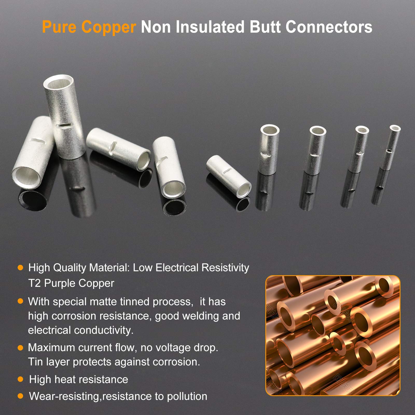 SVAAR 200PCS Non-Insulated Butt Connectors Kit - Marine Grade Tinned Copper, Seamless Crimp Wire Terminals for 22-6 Gauge (Electrical Wiring, Automotive, Marine & DIY Projects)
