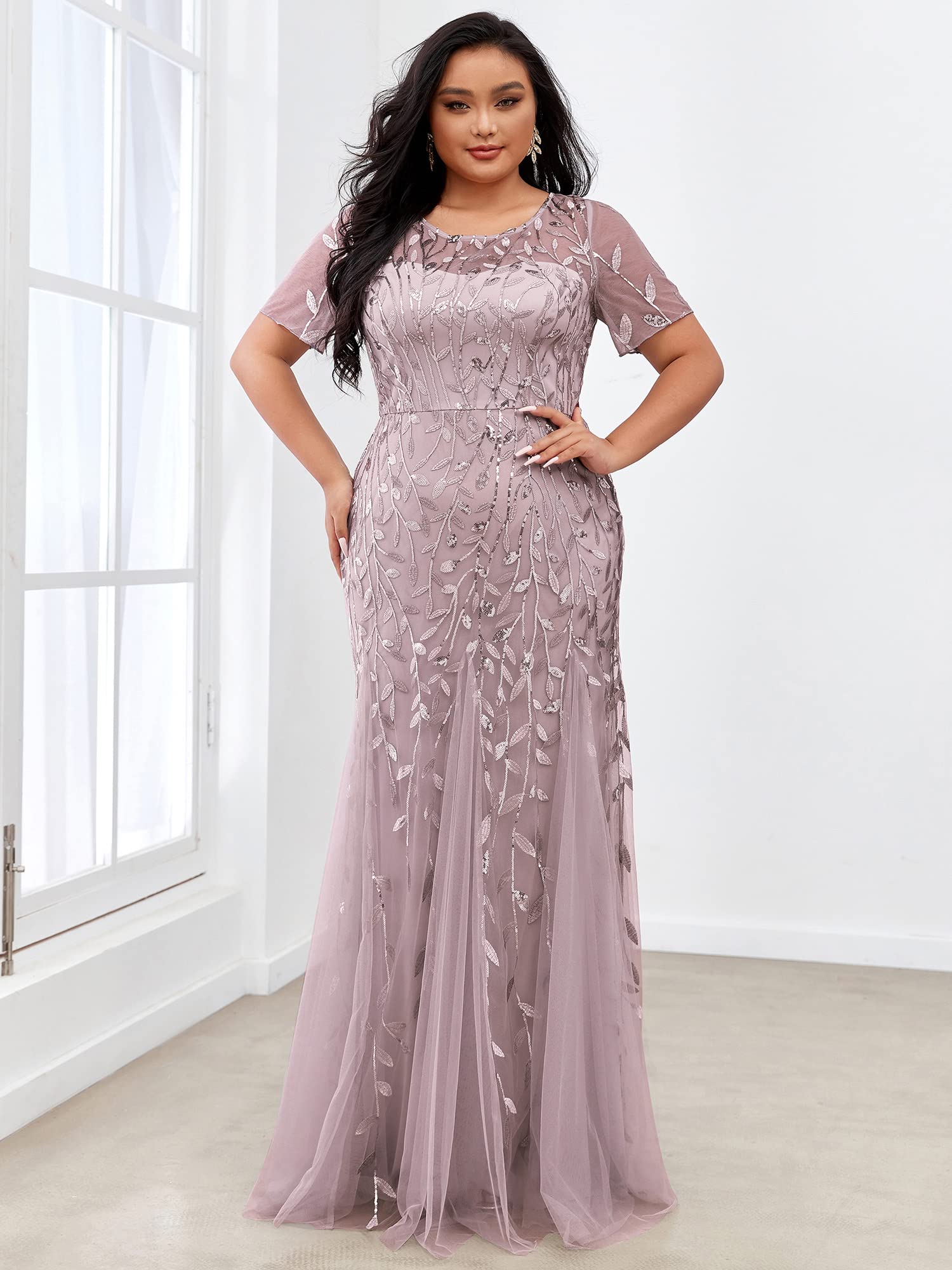 Ever-Pretty Women's Plus Size Embroidery Sequin Short Sleeve Bodycon Maxi Dress for Formal Occasions - Wedding Guest, Prom, Cocktail Party & Evening Events (Style 07707-PZUSA)