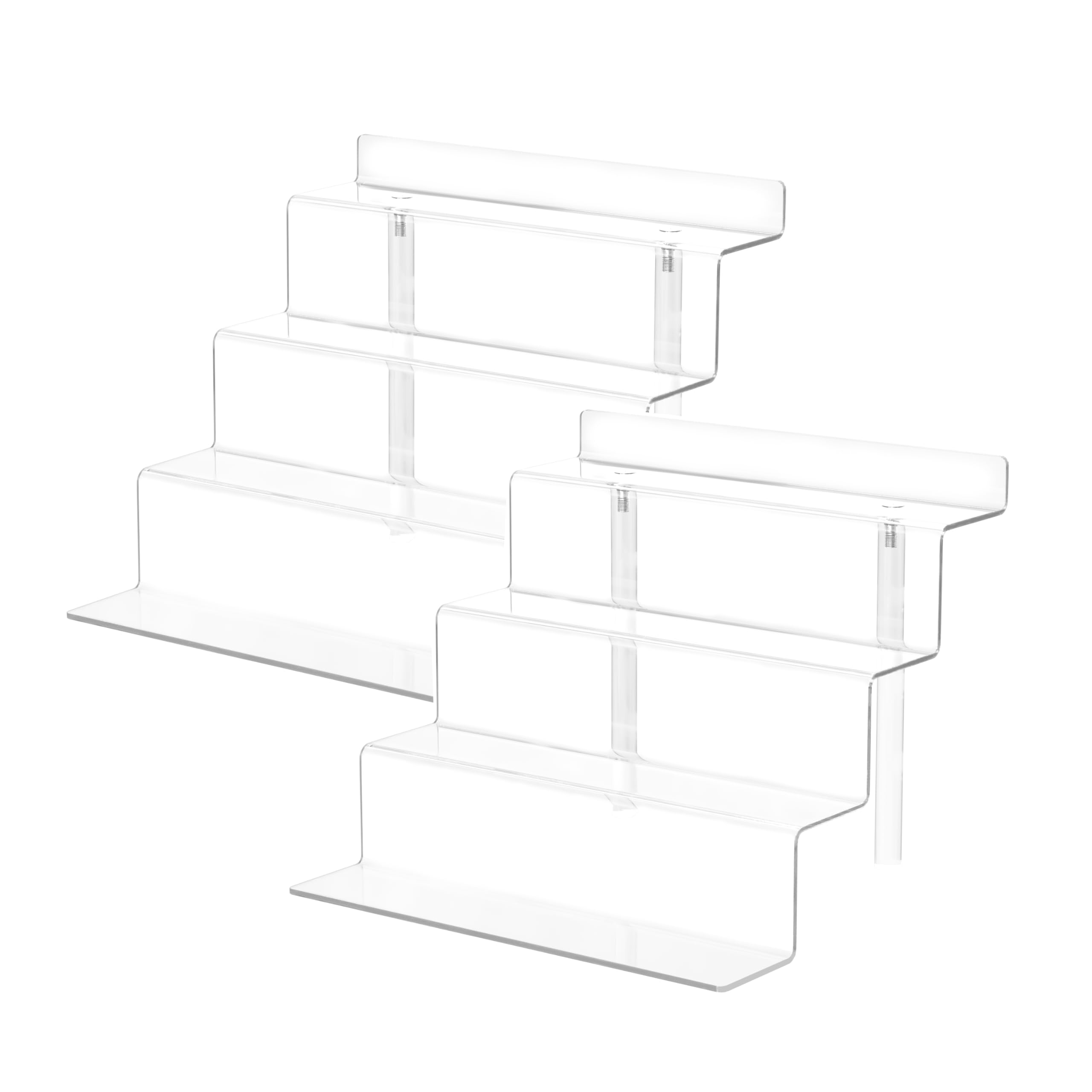 2 Pack Clear 4-Tier Bendable Display Stands for Figures, Perfume, Nail Polish - Decorative Show Shelf & Organizer for Retail Stores, Home Decor, and Beauty Salon Displays