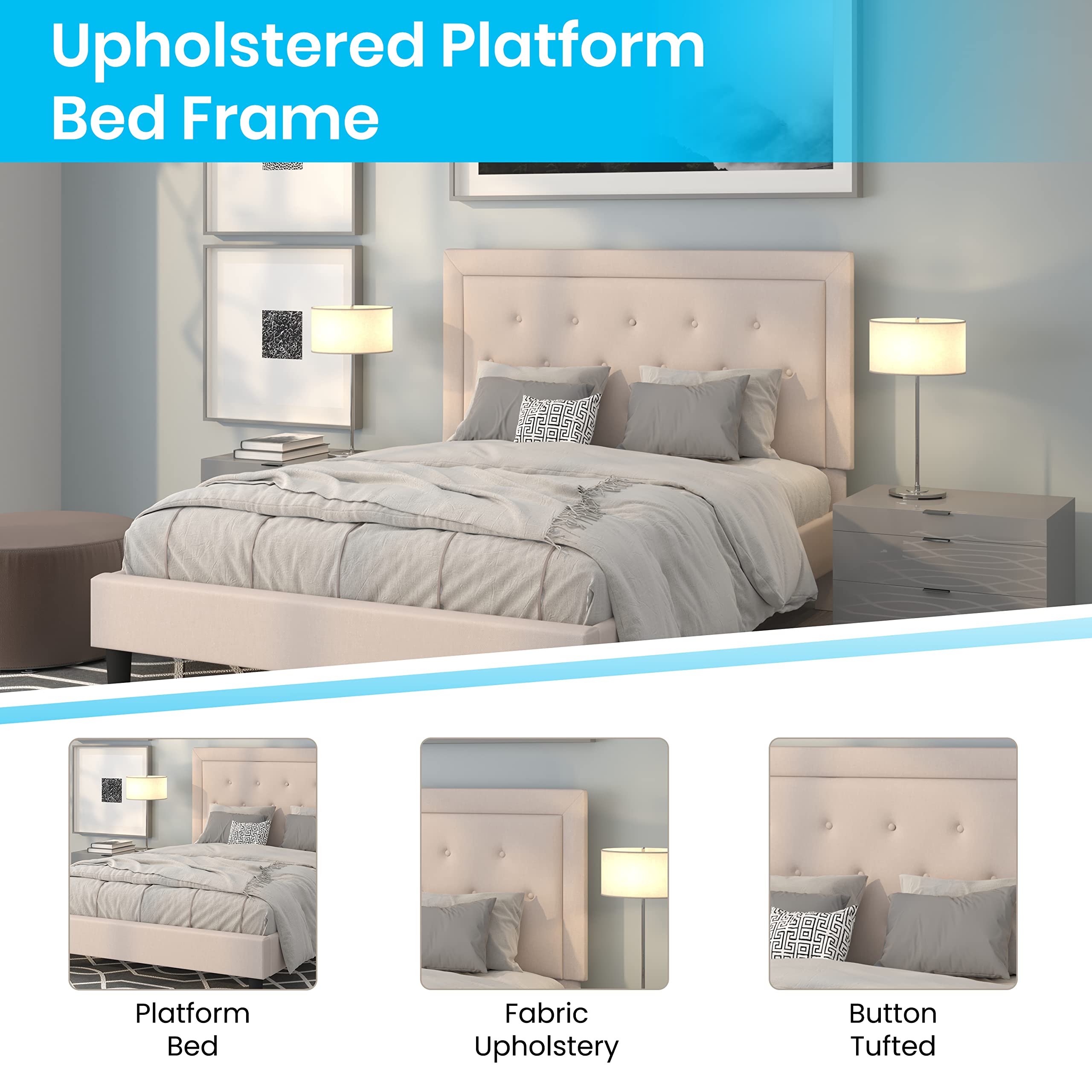 Flash Furniture Roxbury Queen Size Tufted Upholstered Platform Bed in Beige Fabric - Modern Bedroom Furniture for Cozy Home Decor & Small Space Living