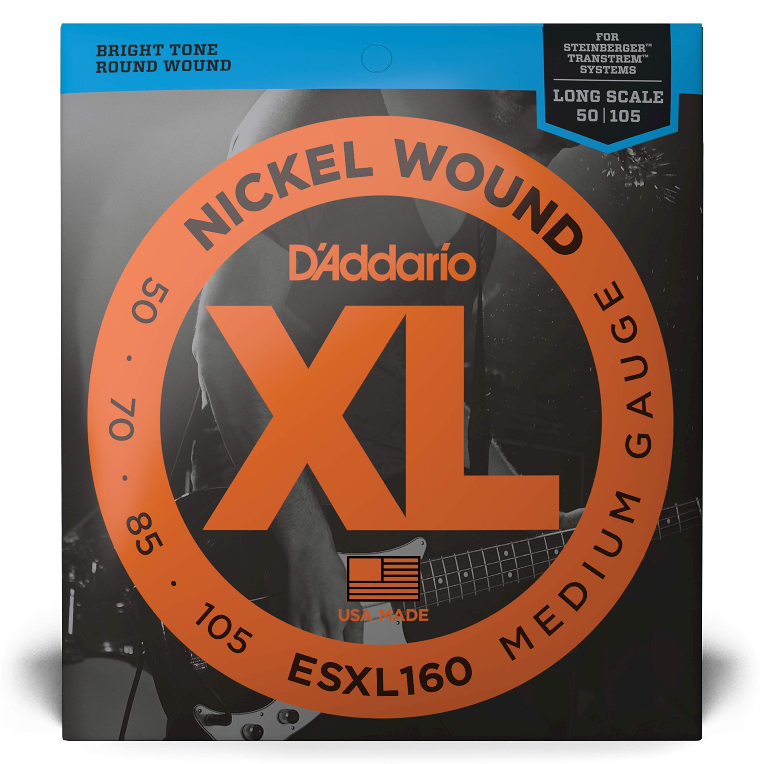 D'Addario XL Nickel Bass Guitar Strings - ESXL160 - 4 String Set (50-105 Medium Gauge) | Double Ball End, Long Scale | Perfect Intonation & Durability | Ideal for Rock, Jazz & Studio Recording
