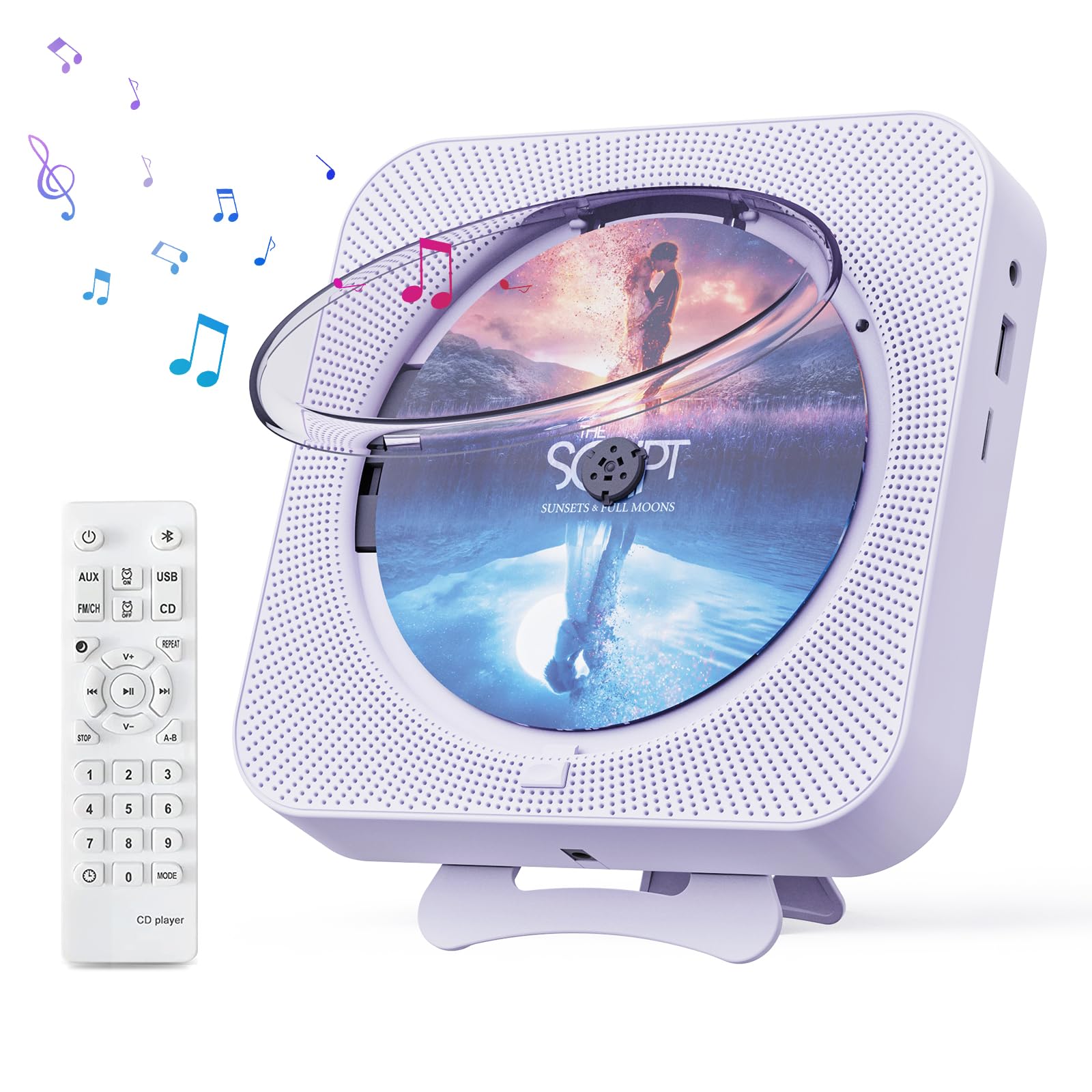 Portable Bluetooth CD Player with Remote Control, Timer, Dual Built-in Speakers & LED Display - FM Radio, Home & Desktop Music Player for Audiophiles - Perfect for Bedroom, Office & Travel (Purple)