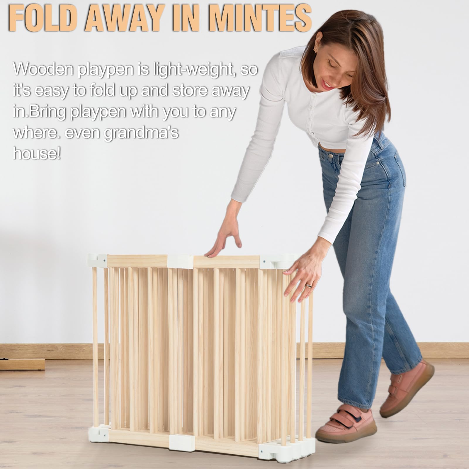 Foldable Wooden Baby Playpen with Locking Door - Adjustable Shape & Size Safety Play Yard for Babies & Toddlers - Perfect for Indoor Play Areas, Daycare Centers & Home Childproofing