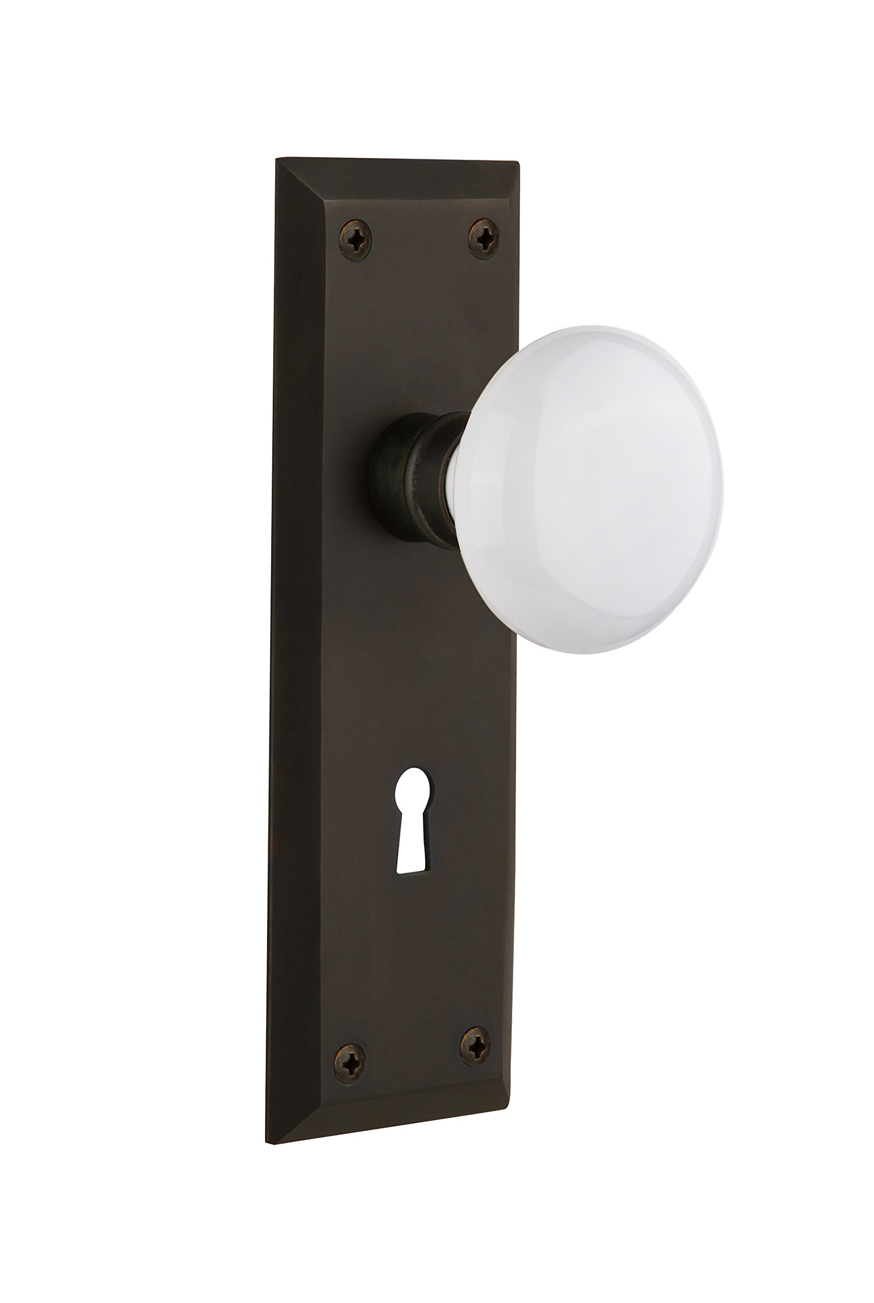Nostalgic Warehouse New York Plate White Porcelain Knob with Keyhole - Double Dummy Oil Rubbed Bronze - Perfect for Vintage Style Cabinets, Dressers & Home Decor