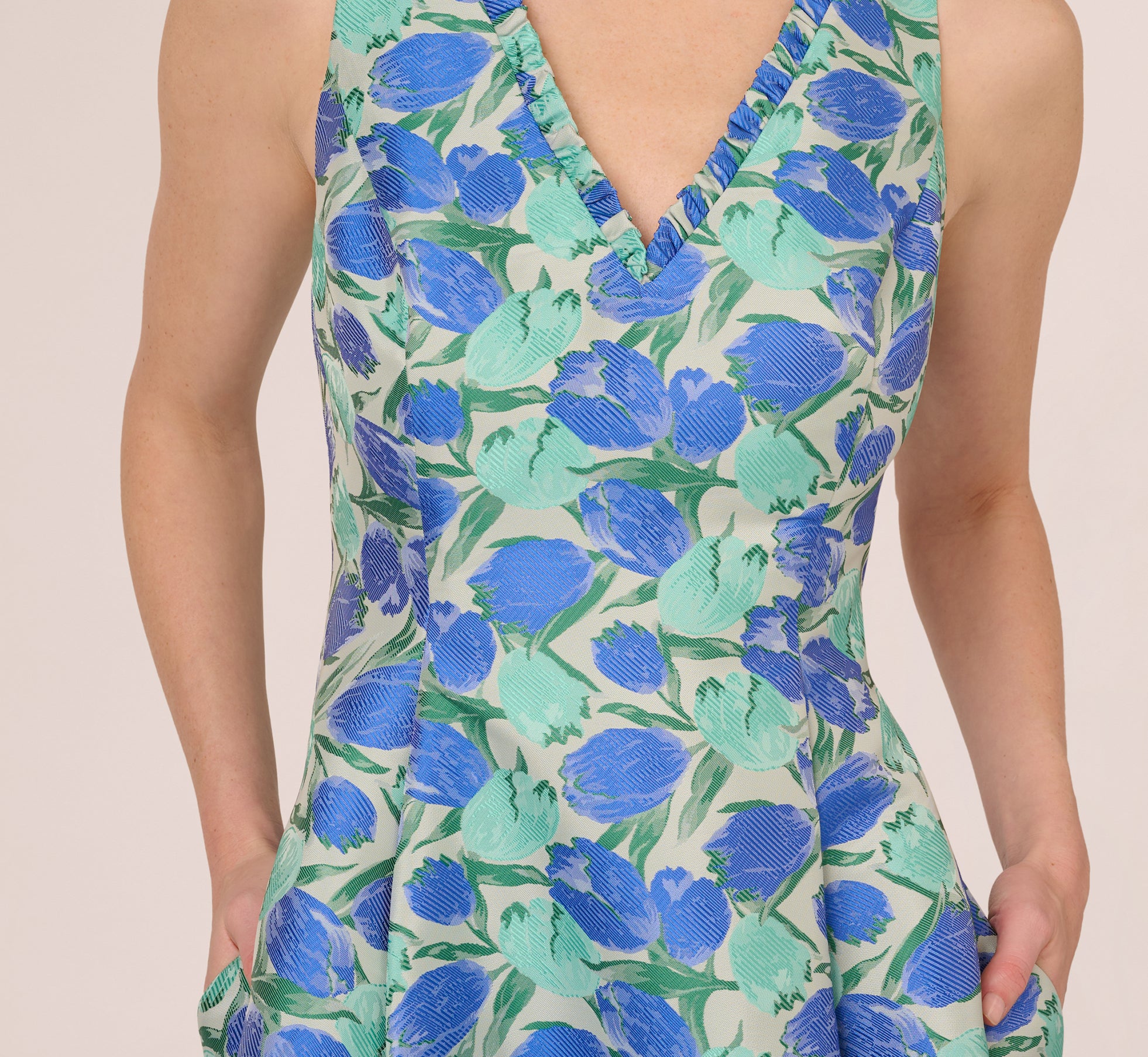 Blue Green Jacquard Sleeveless Tulip Fit & Flare Midi Dress - Perfect for Summer Weddings, Garden Parties & Cocktail Events