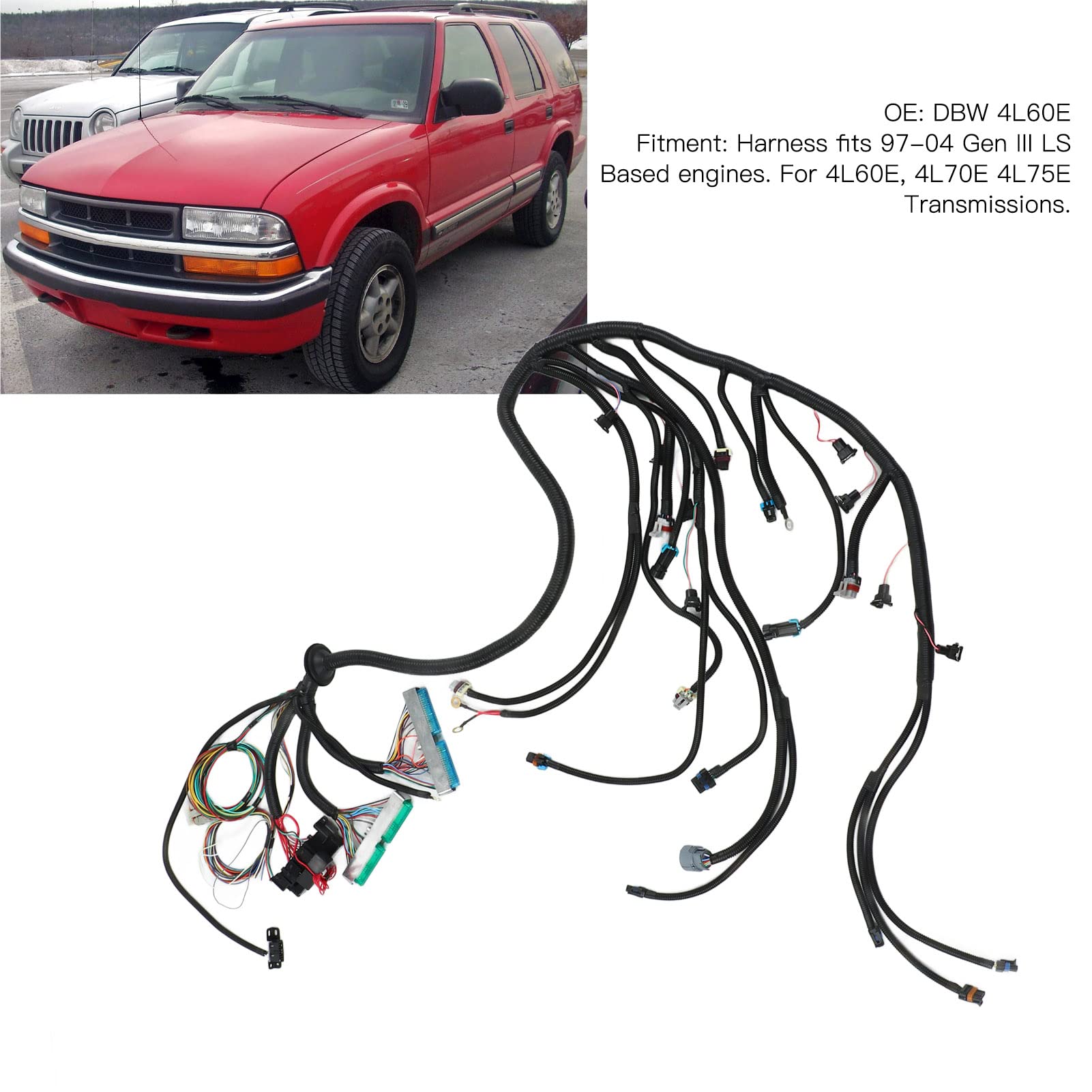 Tbest LS Swap Standalone Wiring Harness - Black ABS Plastic with Flat Ribbon Connector for 4L60E/4L70E/4L75E Transmission, DBW, EV1 Injectors & Rear Mount CPS | Compatible with 12200411 PCM & 15725501 | Perfect for LS Engine Swaps & Performance Upgrades