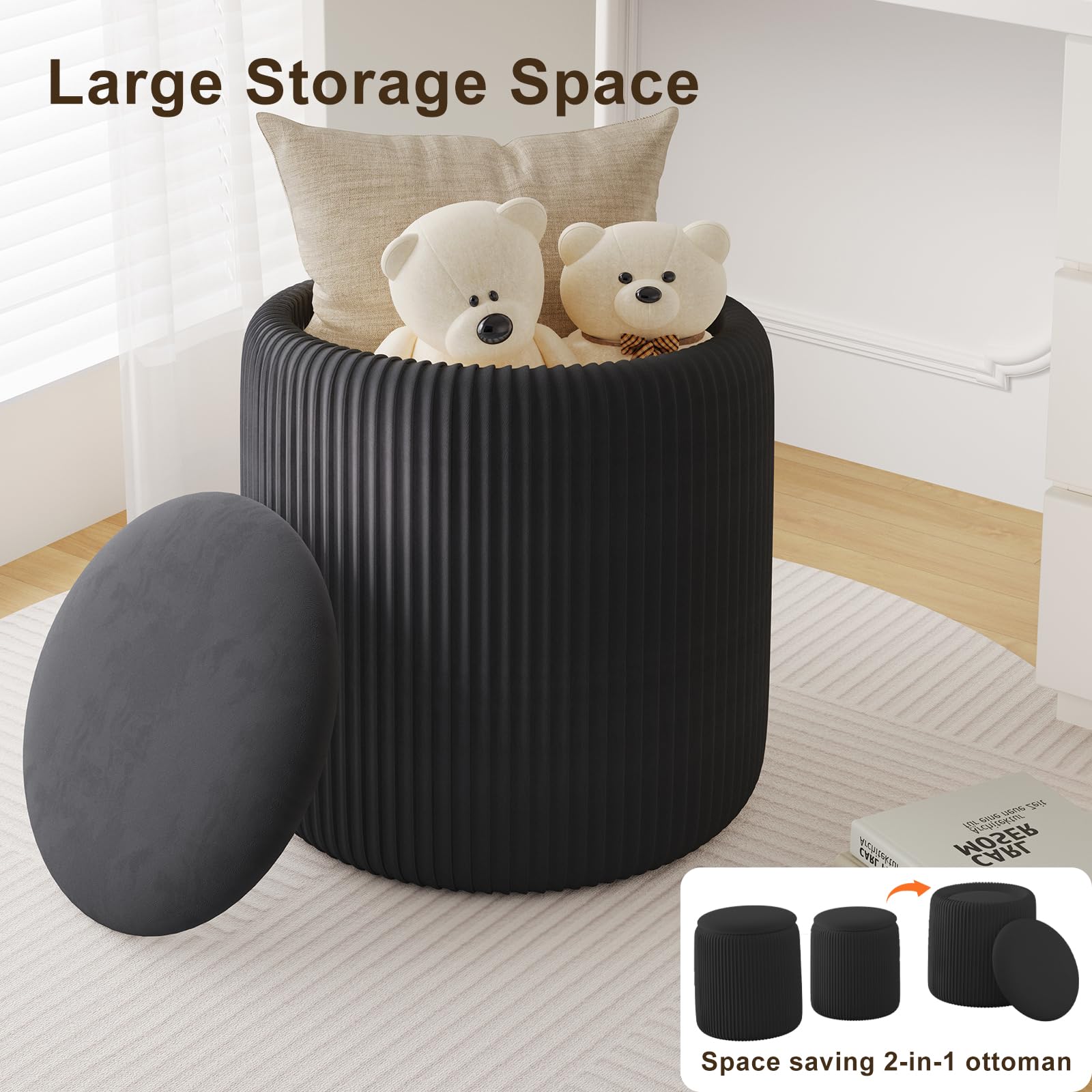 Black Velvet Storage Ottoman Set of 2 - Round Foot Rest Stool with Hidden Storage, Makeup Vanity Chair & Pouf for Living Room, Bedroom, Dressing Area - Perfect for Extra Seating & Home Organization