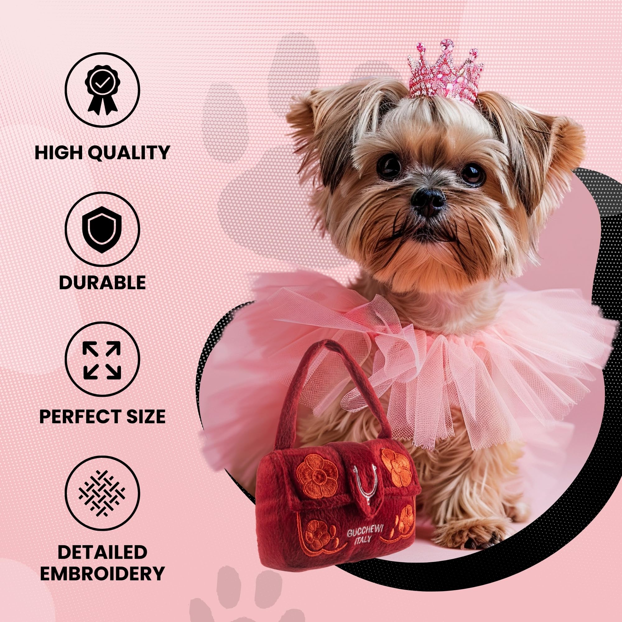 Runway Pup Collection by Dog Diggin Designs – Unique Squeaky Parody Plush Dog Toys | Fashion-Inspired Haute Couture Handbag Dog Toys for Playtime & Gifting