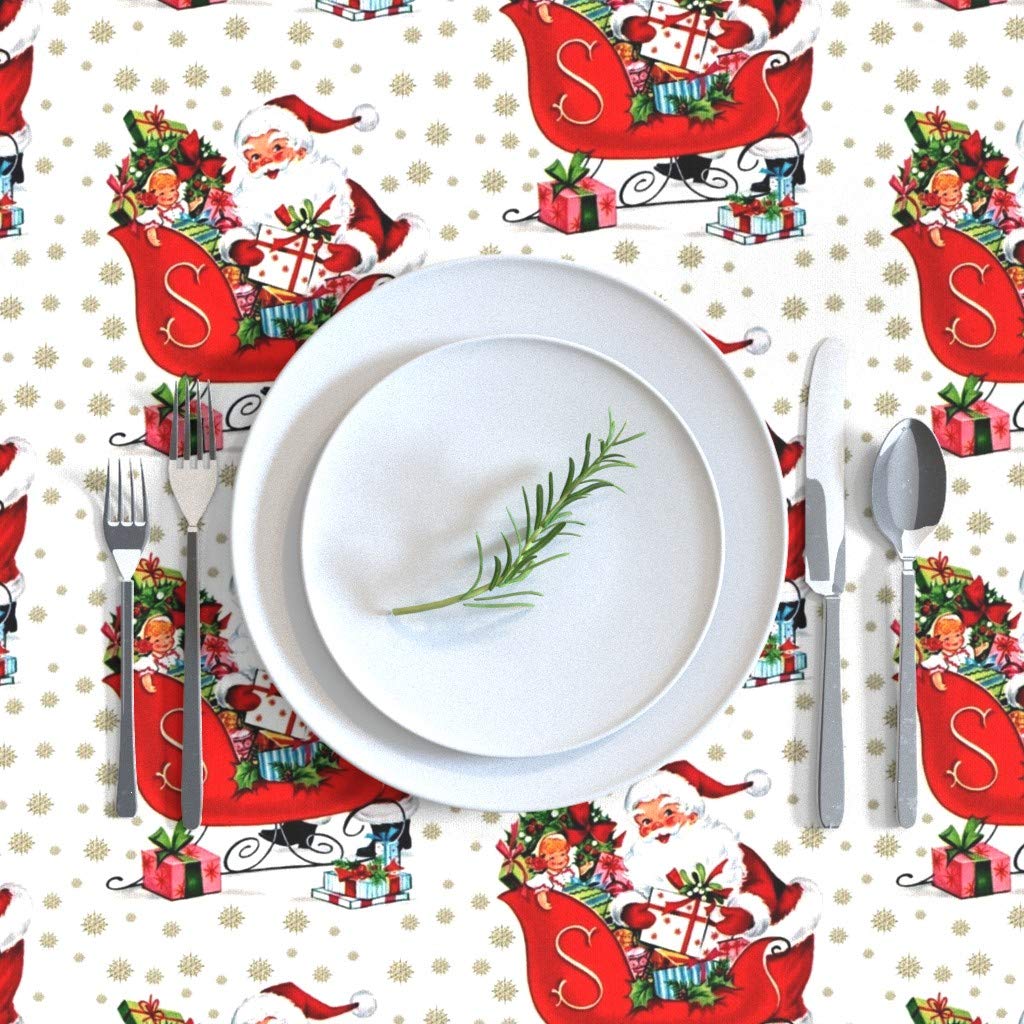 Custom Christmas Santa Claus Snowflakes Winter Sleigh Presents Toys Vintage Retro Kitsch Print Cotton Sateen Tablecloth 70x108 Inches - Perfect for Holiday Dining, Christmas Decorations & Vintage-Themed Parties