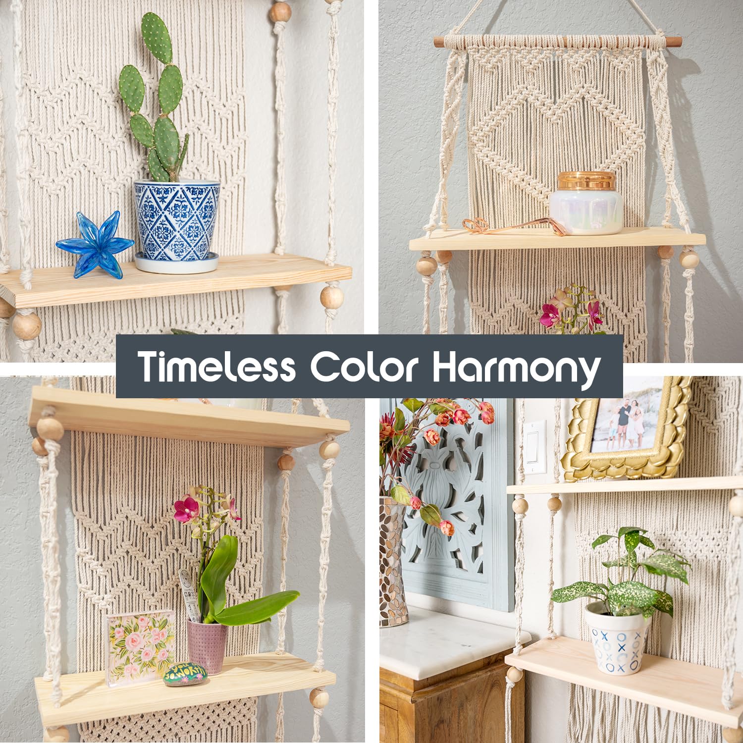 SnugLife 3-Tier Macrame Wall Hanging Shelf - Handmade Woven Rope Boho Floating Shelves for Plants & Home Decor | Perfect for Kitchen, Bathroom & Living Room Storage | Natural Pine Wood Organizer for Small Spaces & Apartment Decor