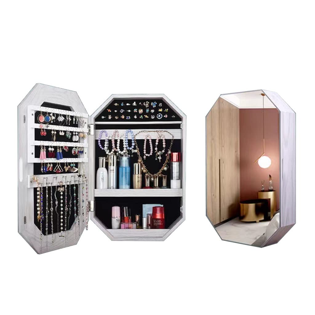 Wall Mounted Jewelry Armoire with Mirror & Lock - Jewelry Cabinet Organizer with Storage Box for Women & Girls - Blue Mirror Jewelry Case (90x65cm) - Perfect for Bedroom, Closet & Dressing Room Organization
