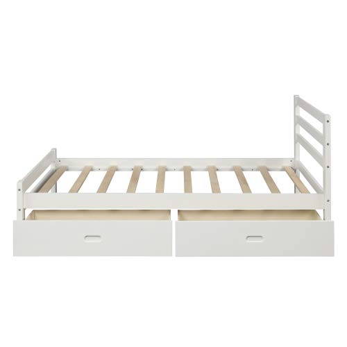 Pinewood Twin Platform Bed Frame with 2 Storage Drawers & Headboard - 10 Wood Slats Support, 400 lbs Weight Capacity, No Box Spring Needed - Perfect for Small Bedrooms, Guest Rooms & Kids Rooms (White, Twin Size)