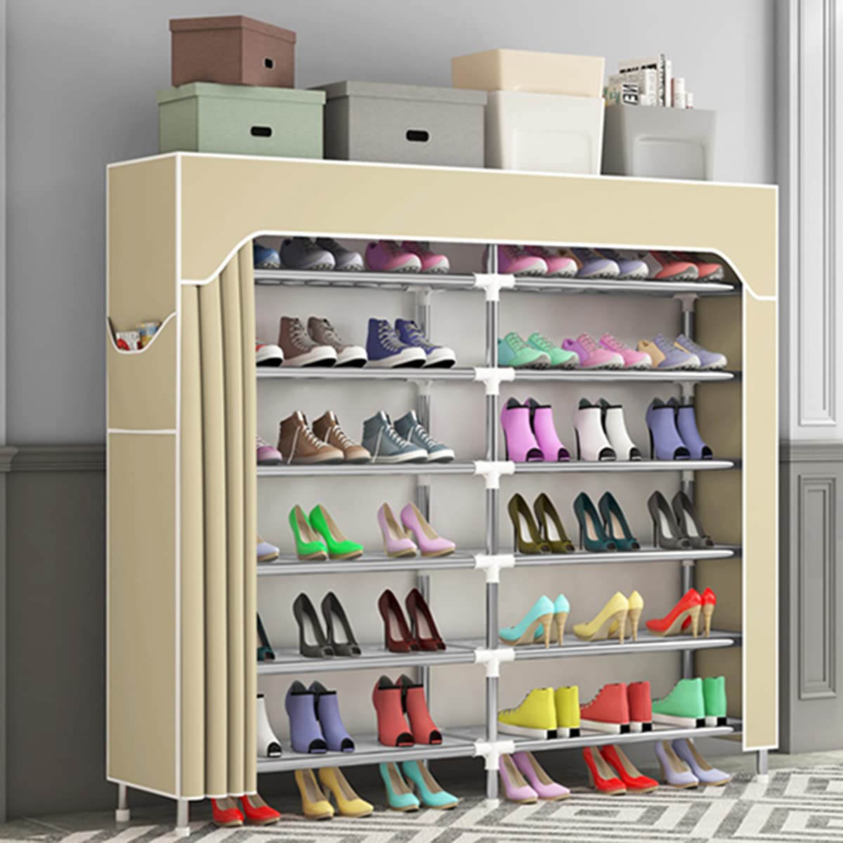 6-Tier Shoe Rack Organizer with Non-Woven Fabric Cover - Double Row Space Saving Shoe Stand for Living Room, Bedroom & Kitchen - Easy Assembly Beige Shoe Storage Solution for Home Organization