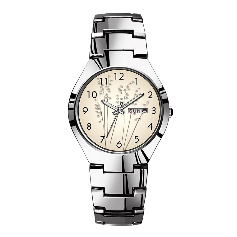 **Men's Stainless Steel Waterproof Quartz Watch - Top Brand Japan Movement, Silver Band with Floral Lily Design - Perfect for Business, Christmas Gifts & Formal Occasions**