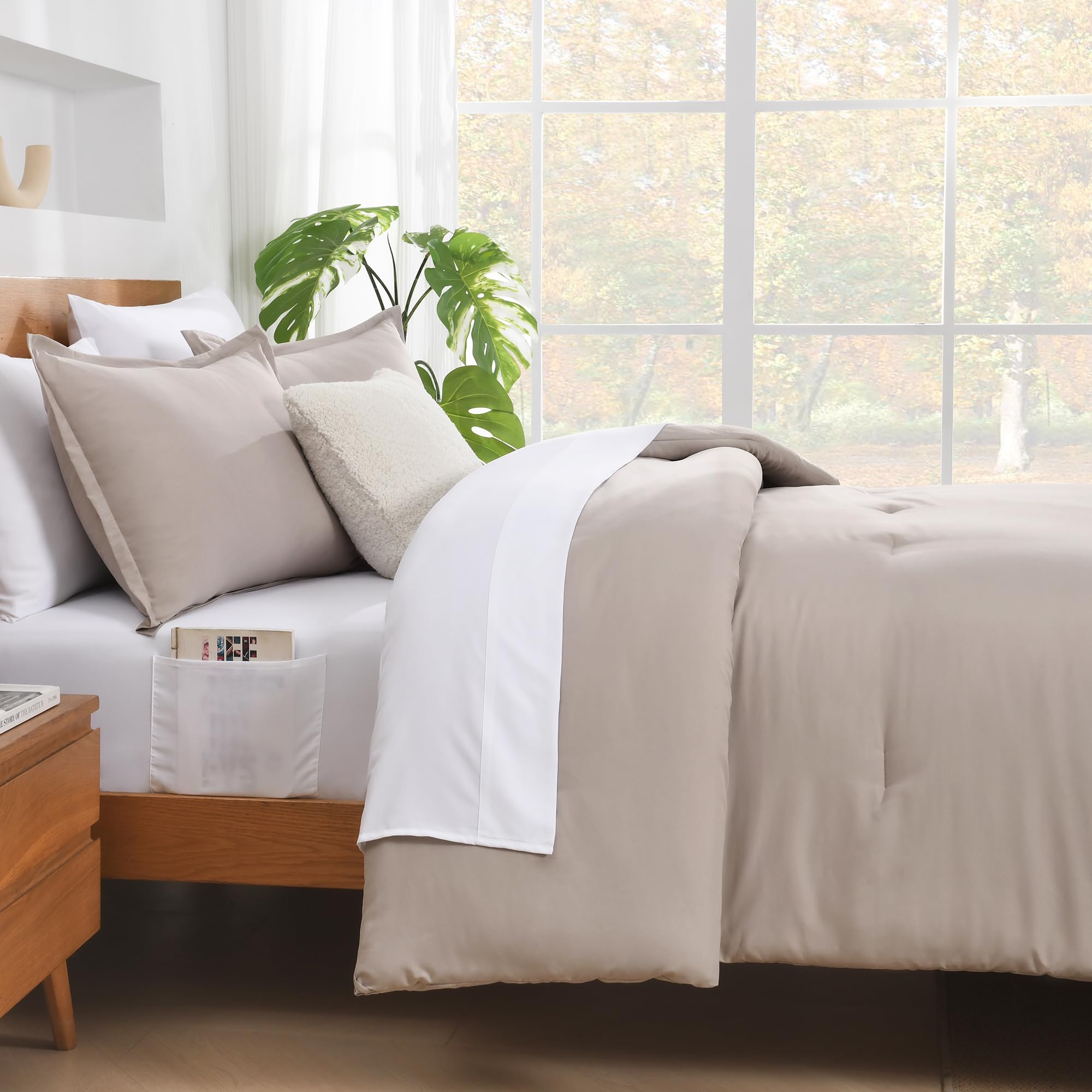 King Size Comforter Set - 7 Piece Bed in a Bag with Soft Lightweight Oatmeal Comforter, Fitted Sheet, Flat Sheet & Pillowcases | All-Season Luxury Bedding for Master Bedroom, Guest Room & Dorm