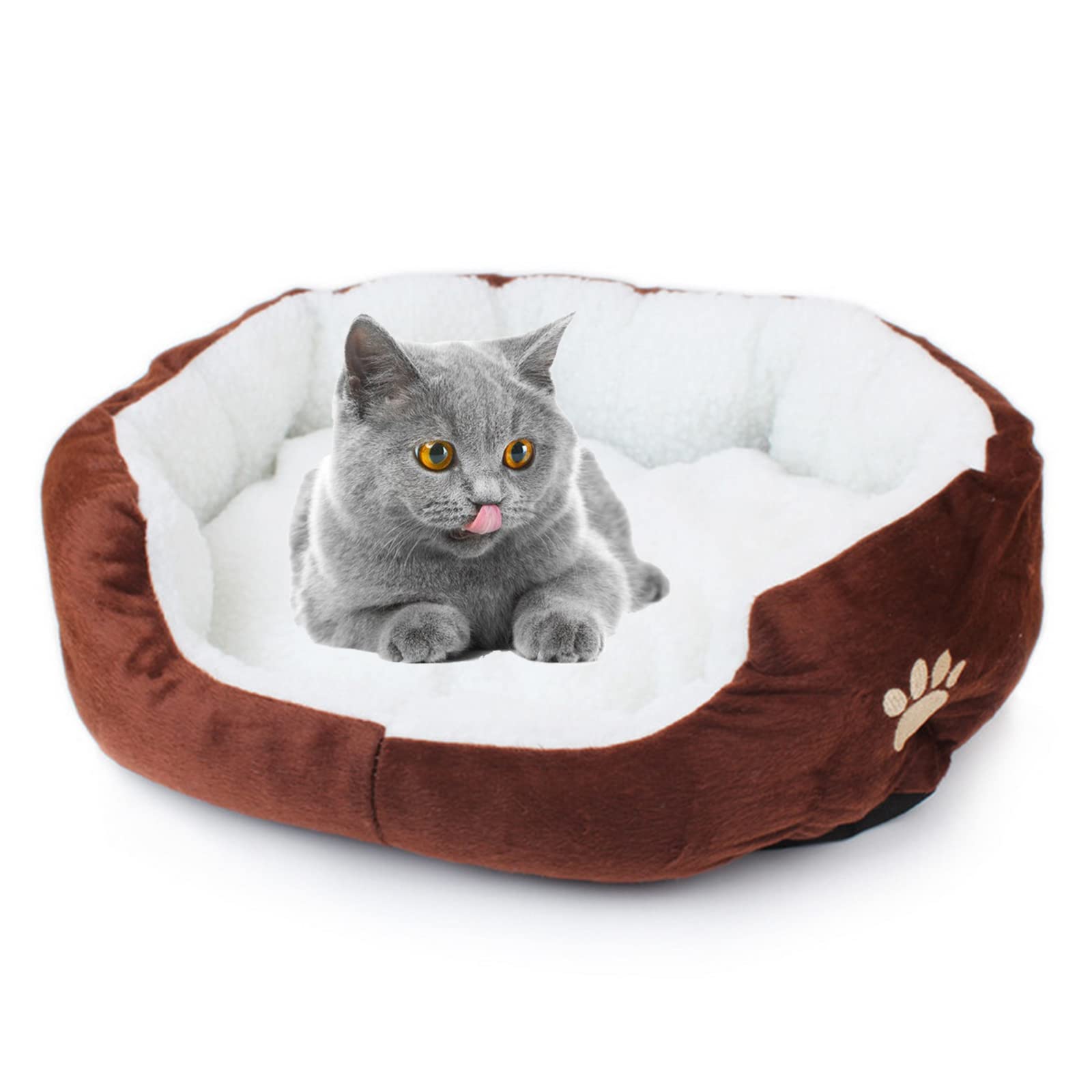 Washable Round Plush Pet Bed for Small Dogs & Cats - Soft Warm Anti-Slip Indoor Dog Bed & Cat Kennel Nest - Perfect for Living Room, Bedroom or Crate (Brown)