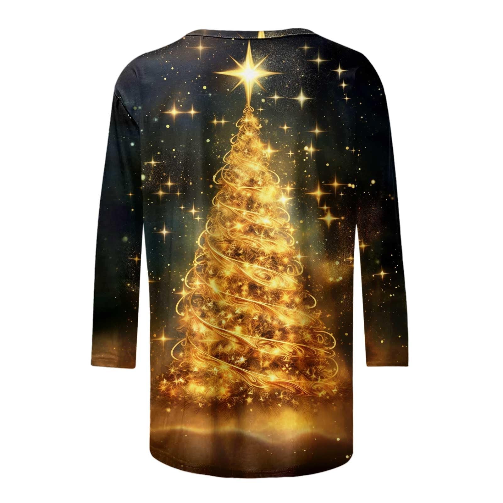 Sparkly Christmas Tree Graphic Sweatshirt for Women - 3/4 Sleeve Casual T-Shirt - Holiday Party Outfit & Ugly Sweater Contest
