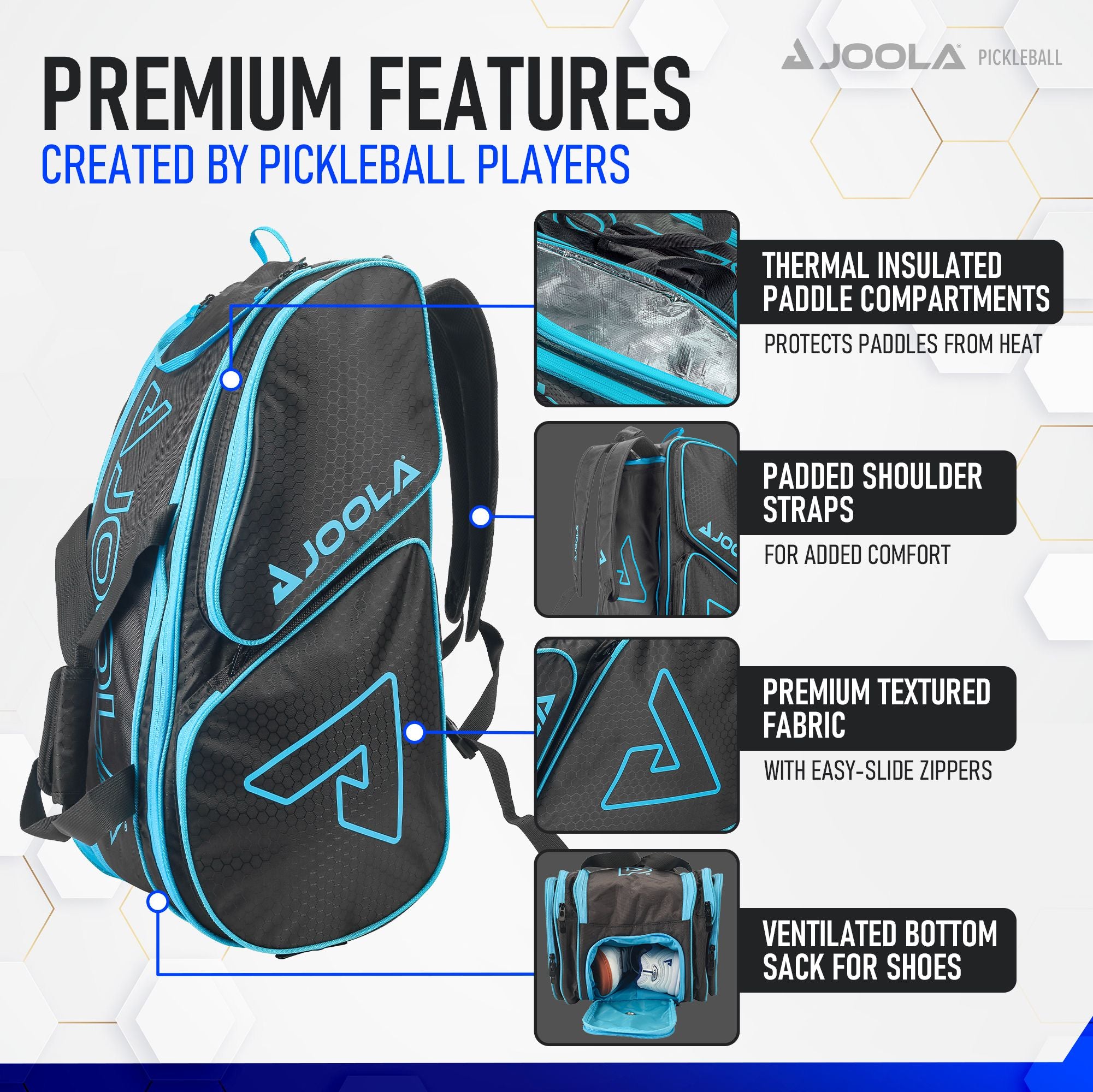 JOOLA Tour Elite Pickleball Bag (Black/Light Blue) - Premium Paddle Tennis Backpack for Men & Women - Perfect for Tournaments, Training & Travel Accessories
