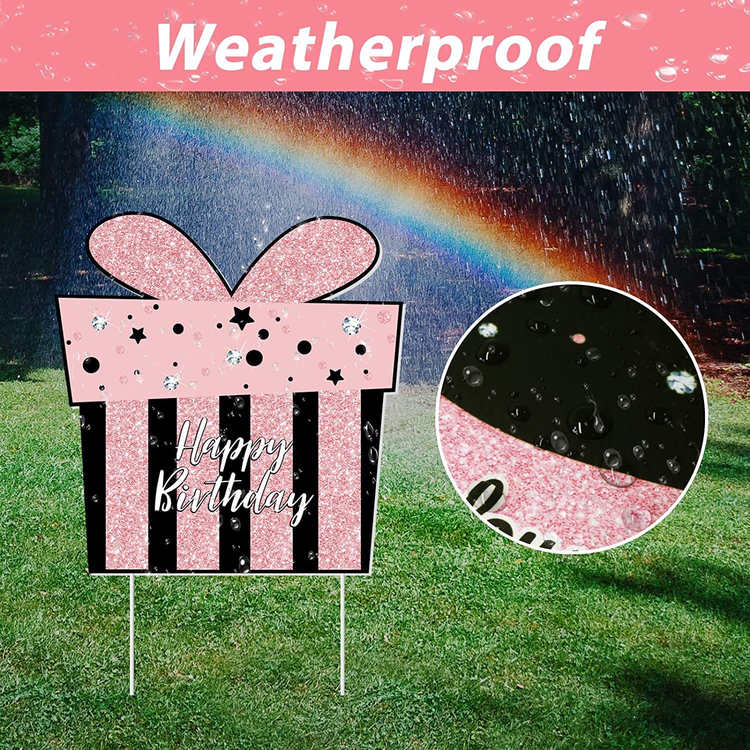 Sweet 16 Birthday Party Decorations - 7 Pcs Black & Pink Yard Signs with Stakes & 2 Pcs LED Lights | Sparkling Night Display | Weatherproof Outdoor Lawn Decor for Teen Girls Birthday, Graduation, Backyard Celebration