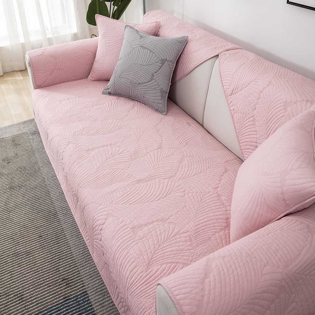 VCTOPS Palm Leaf Cotton Sofa Cover - Non-Slip Sectional Couch Slipcover with Embroidery for Pets, L-Shaped Sofa, Recliner & Love Seat (Pink, 36