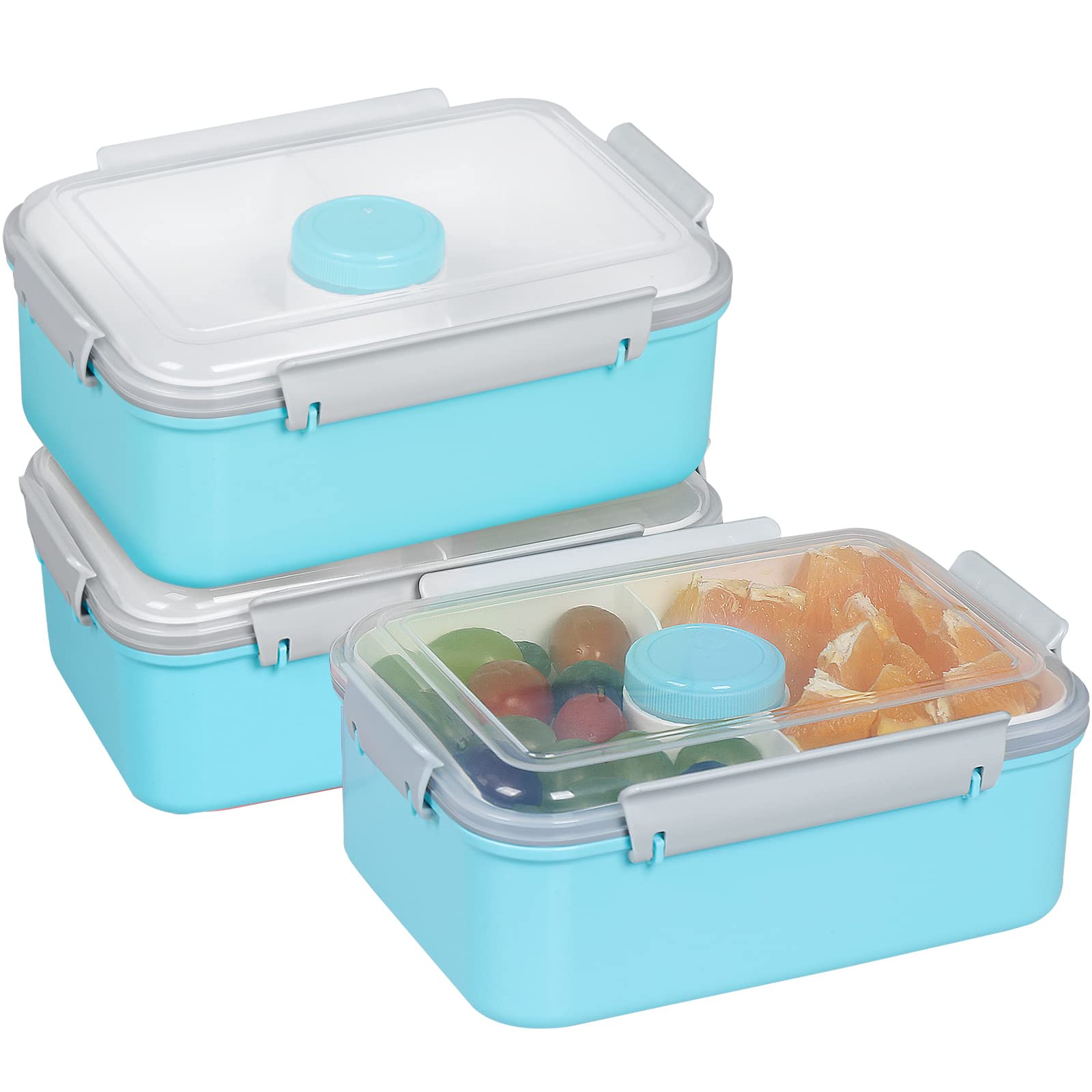 3 Pack 47oz Bento Box Salad Containers - Reusable Microwave Safe Food Storage Containers with Lids, Removable Tray & Dressing Pots for Meal Prep - Perfect for Kids Lunch Boxes, Office Meals & Picnic Food Storage