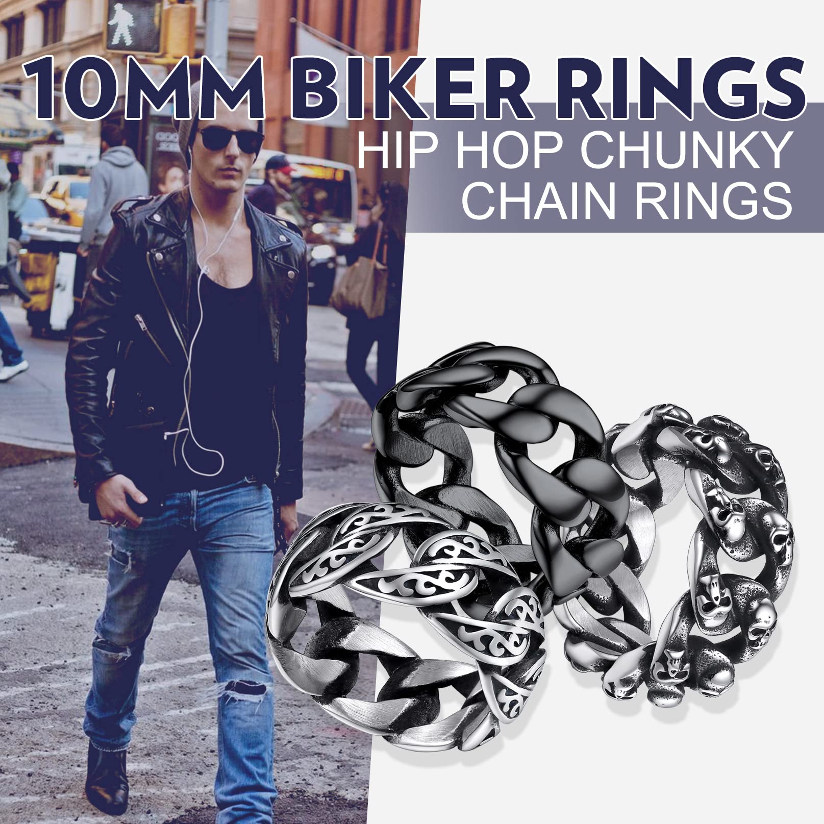 Bandmax Retro Biker Rings for Men & Women - Stainless Steel & Black Chain Link Rings, Celtic Knot & Skull Cuban Chain Couple Rings - Gift Packed - Perfect for Biker Gangs, Gothic Fashion & Anniversary Gifts