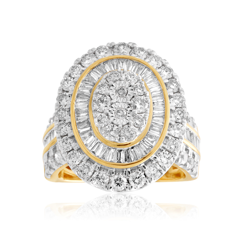 9ct Yellow Gold 3 Carat Oval Cluster Diamond Ring with Brilliant & Baguette Cut Diamonds - Elegant Engagement, Wedding & Anniversary Jewelry Gift for Women